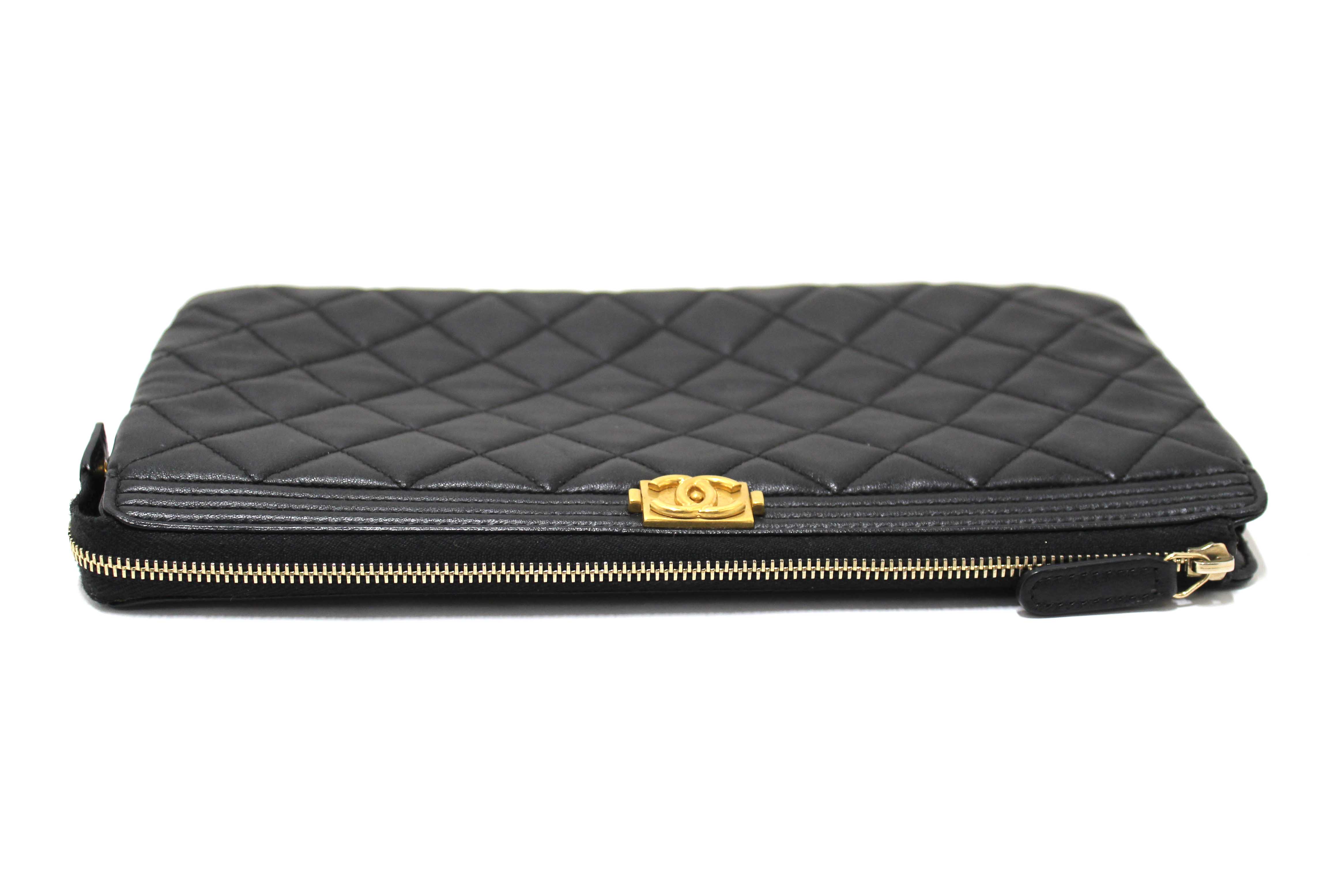 Authentic Chanel Black Lambskin Quilted Small Boy Zipped Pouch