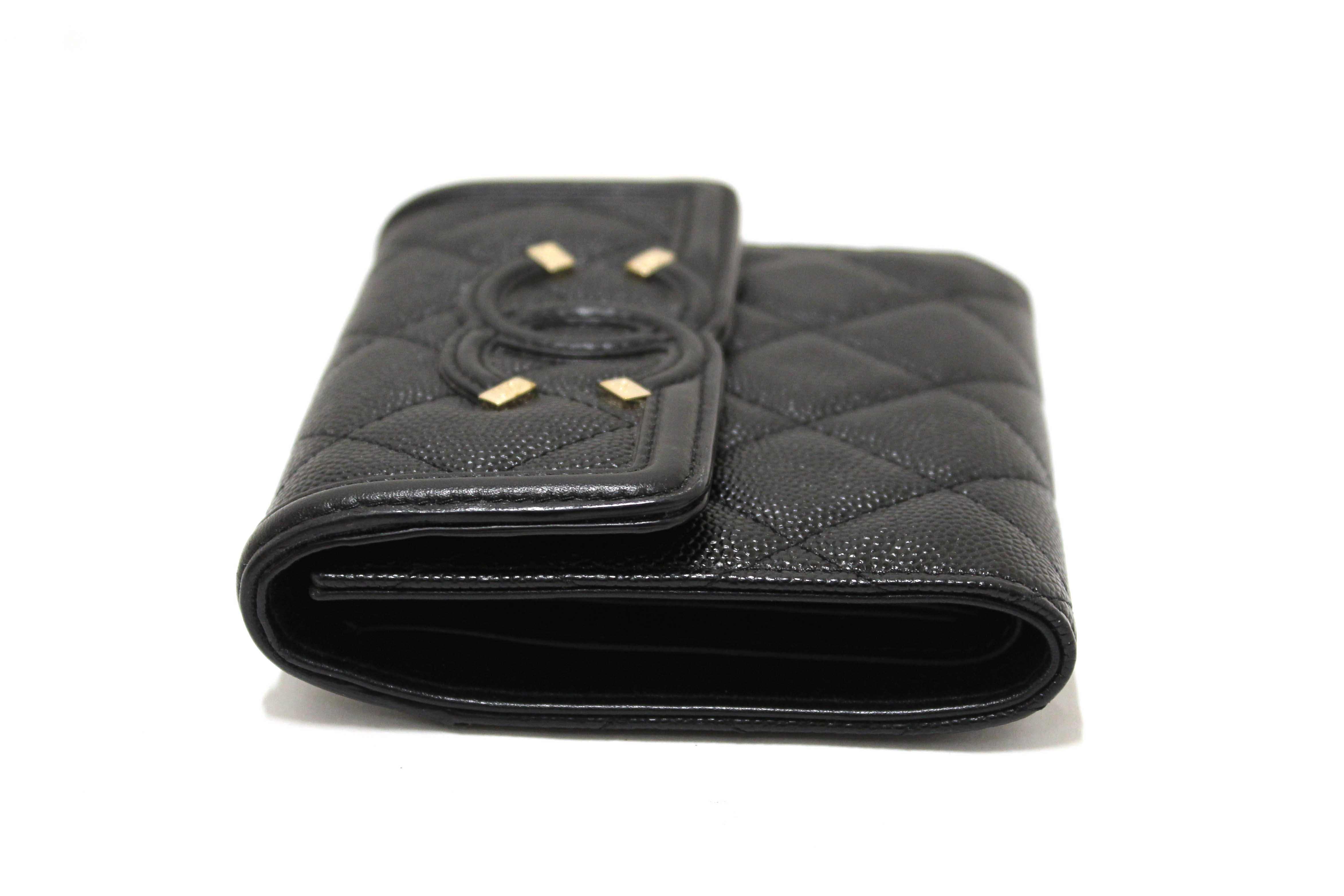 Authentic Chanel Black Caviar Leather CC Filigree Trifold Wallet