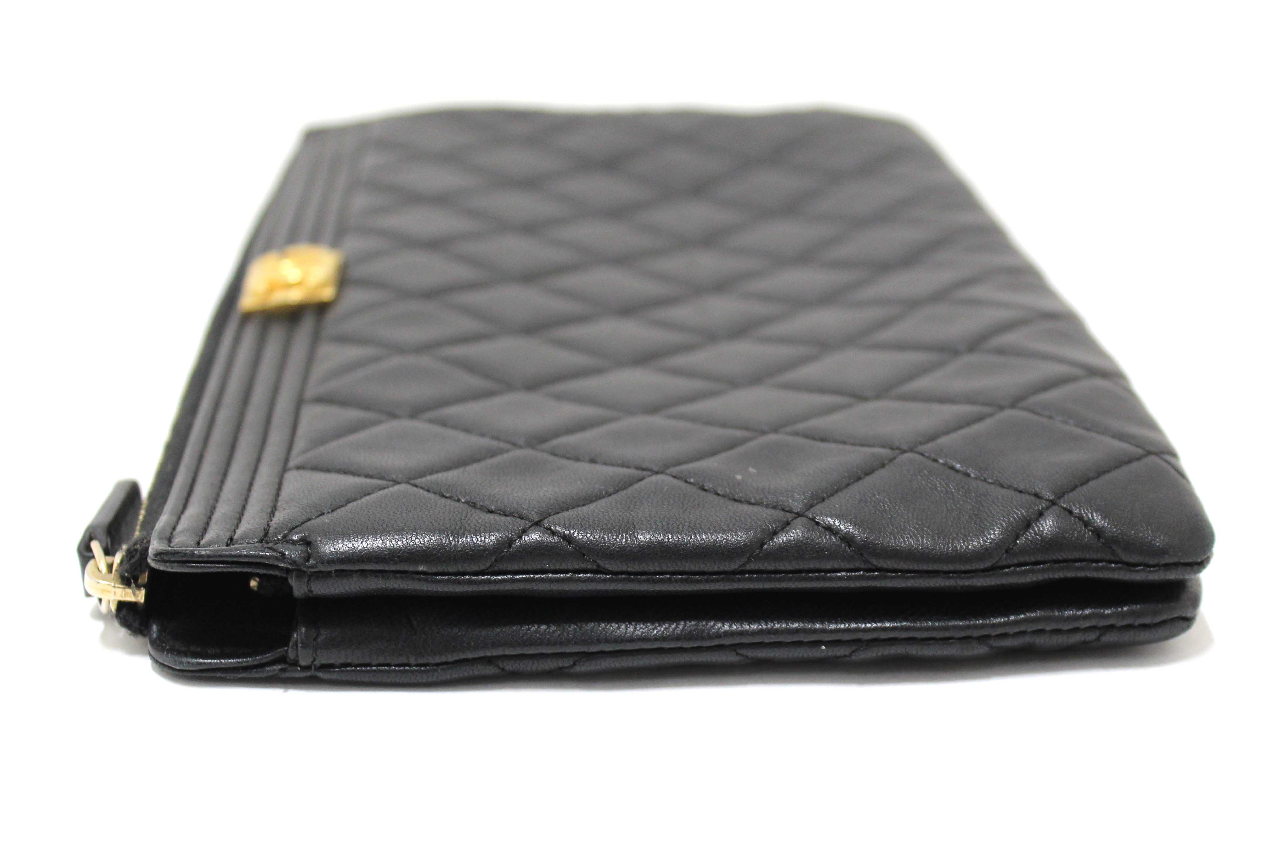 Authentic Chanel Black Lambskin Quilted Small Boy Zipped Pouch