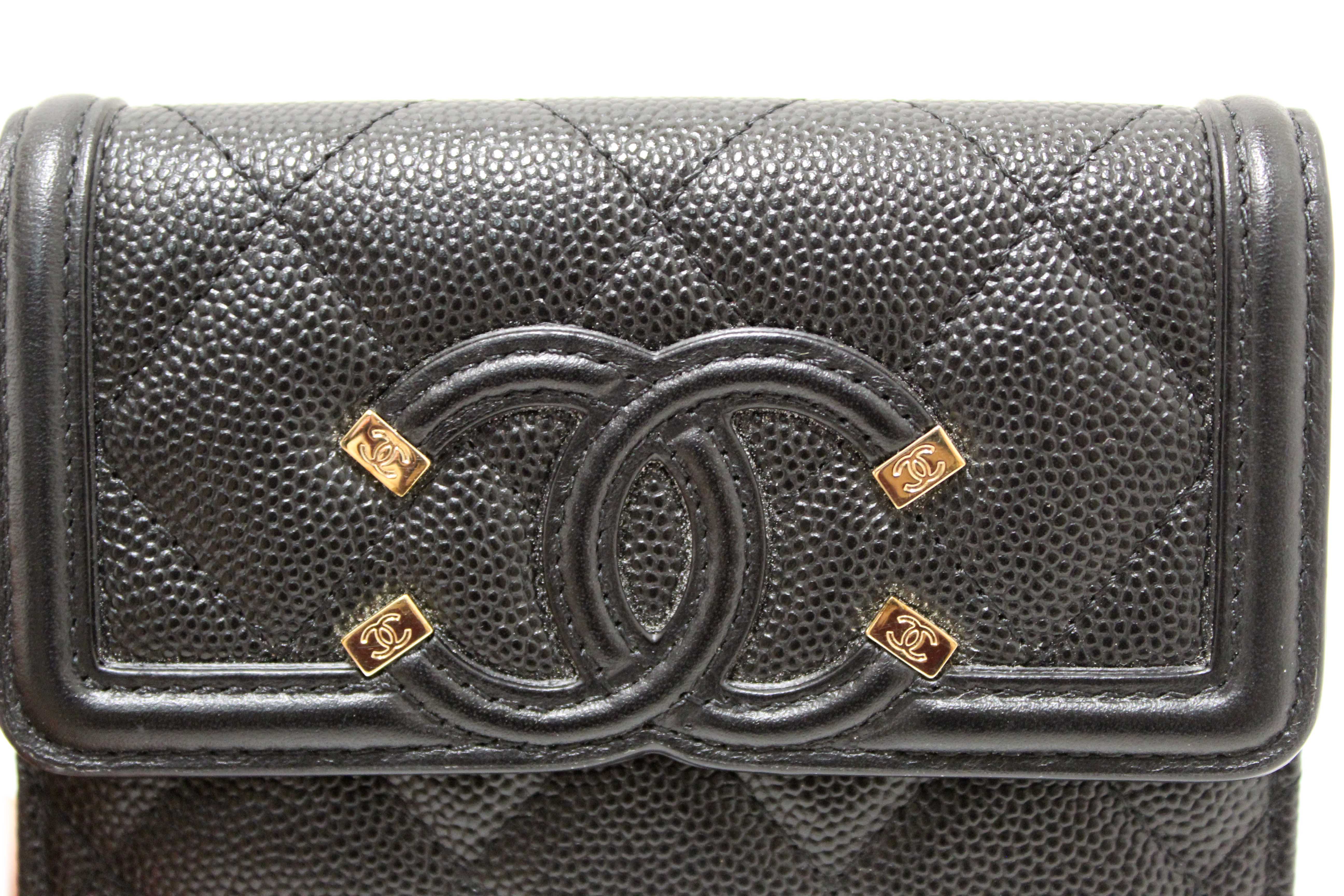 Authentic Chanel Black Caviar Leather CC Filigree Trifold Wallet
