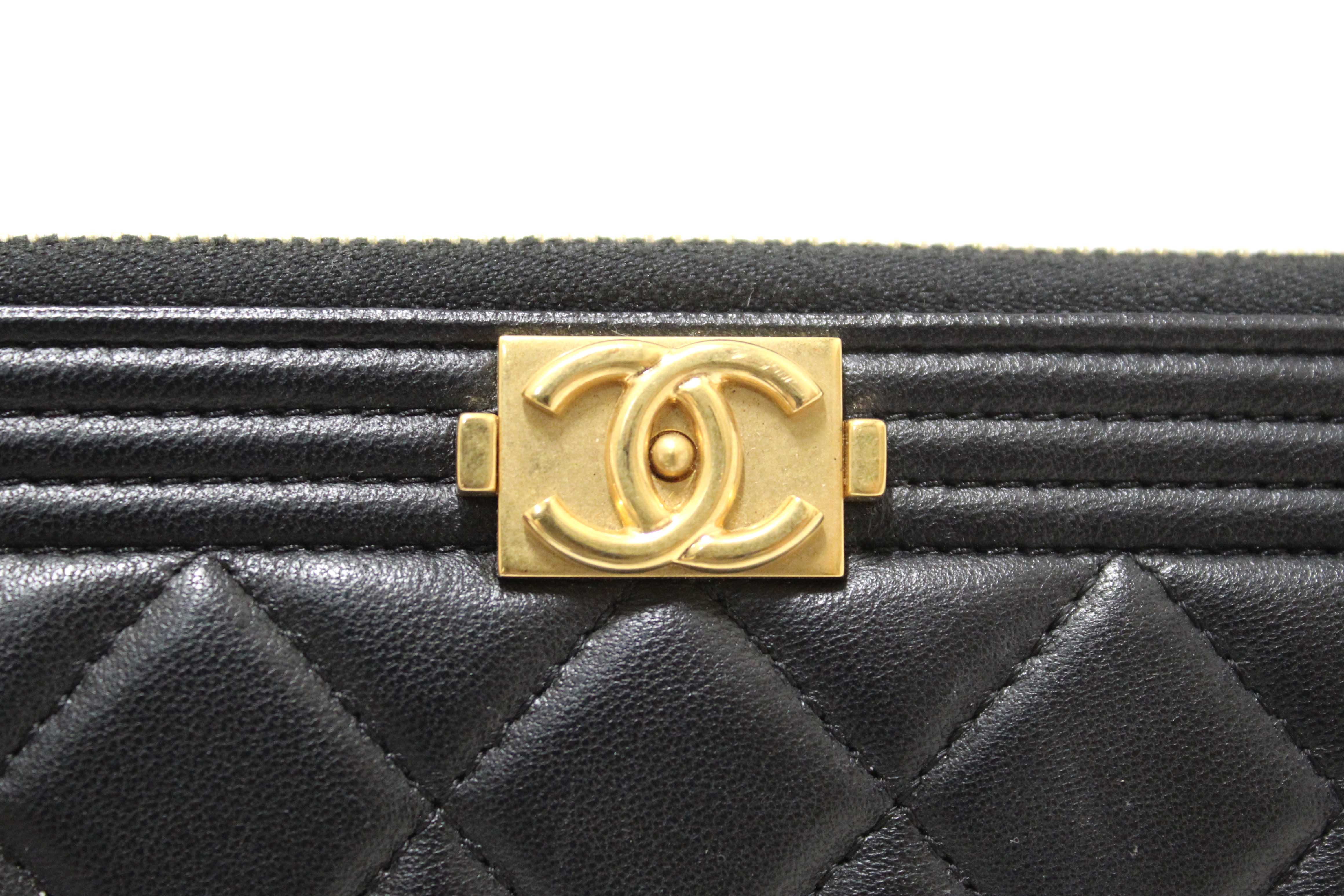 Authentic Chanel Black Lambskin Quilted Small Boy Zipped Pouch