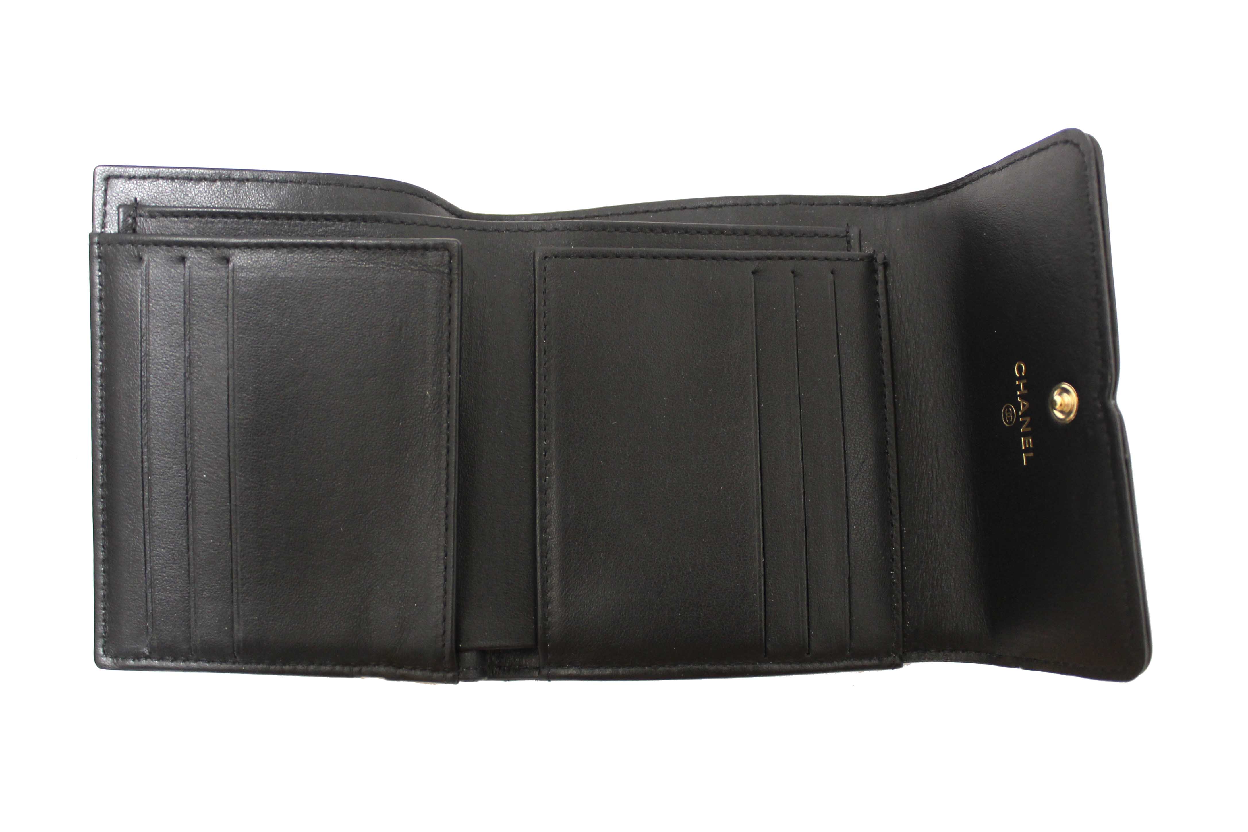 Authentic Chanel Black Caviar Leather CC Filigree Trifold Wallet