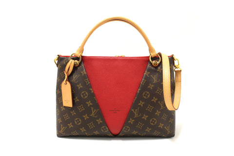 Authentic Louis Vuitton Classic Monogram  Canvas with Red Leather V Tote MM Bag