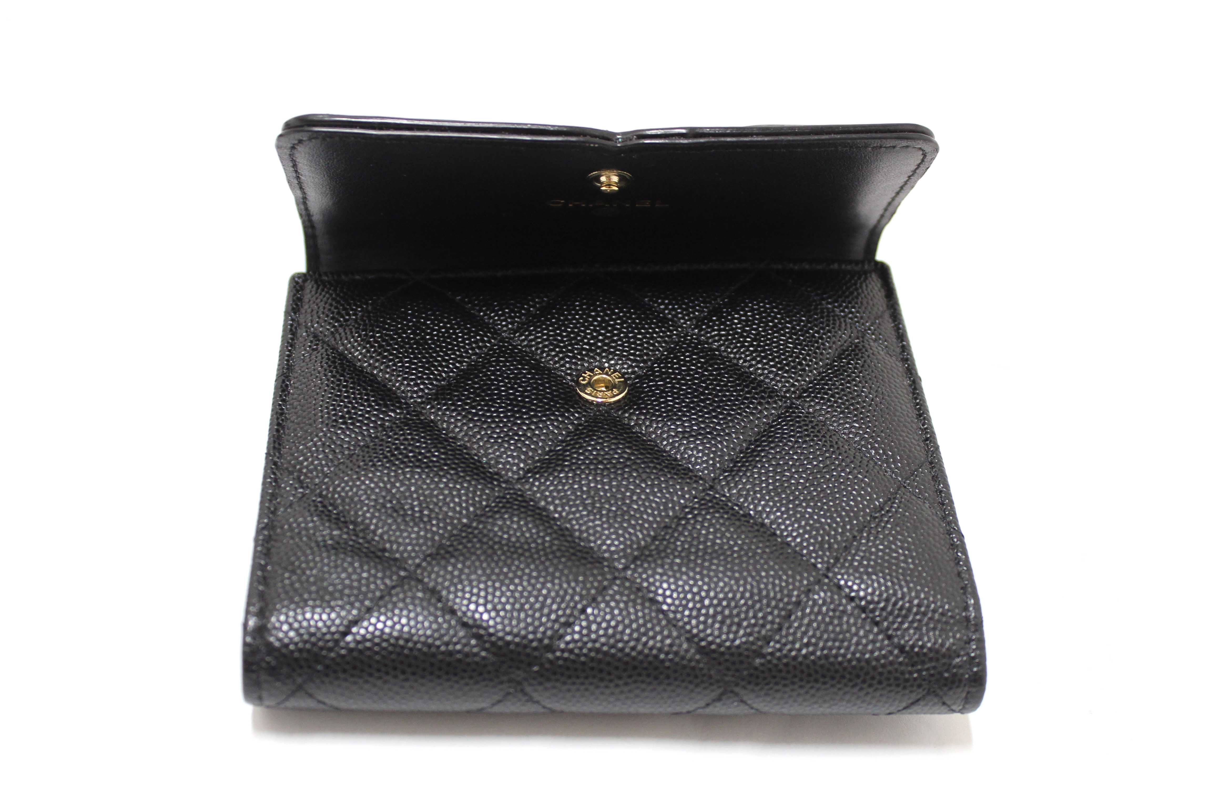 Authentic Chanel Black Caviar Leather CC Filigree Trifold Wallet