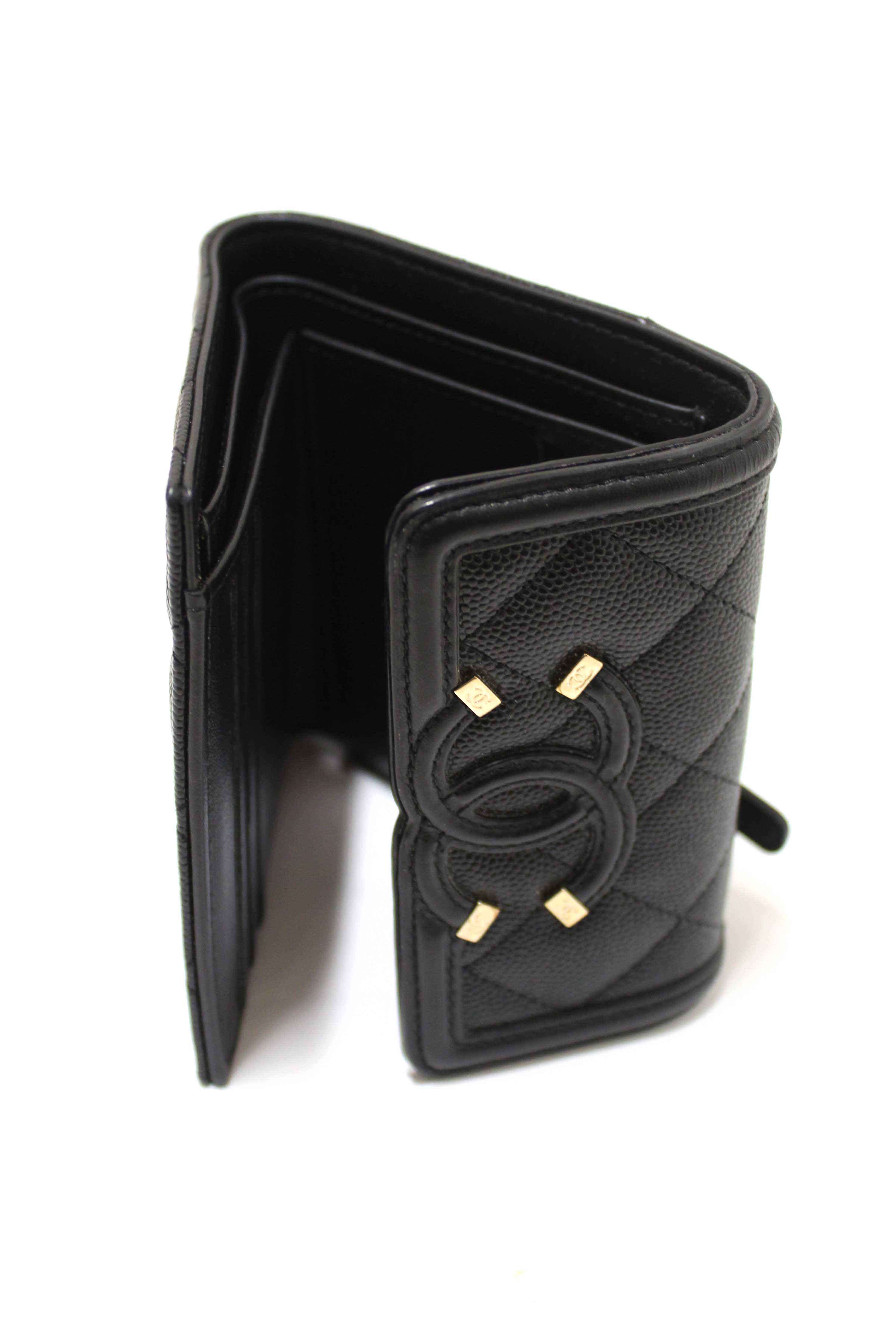Authentic Chanel Black Caviar Leather CC Filigree Trifold Wallet