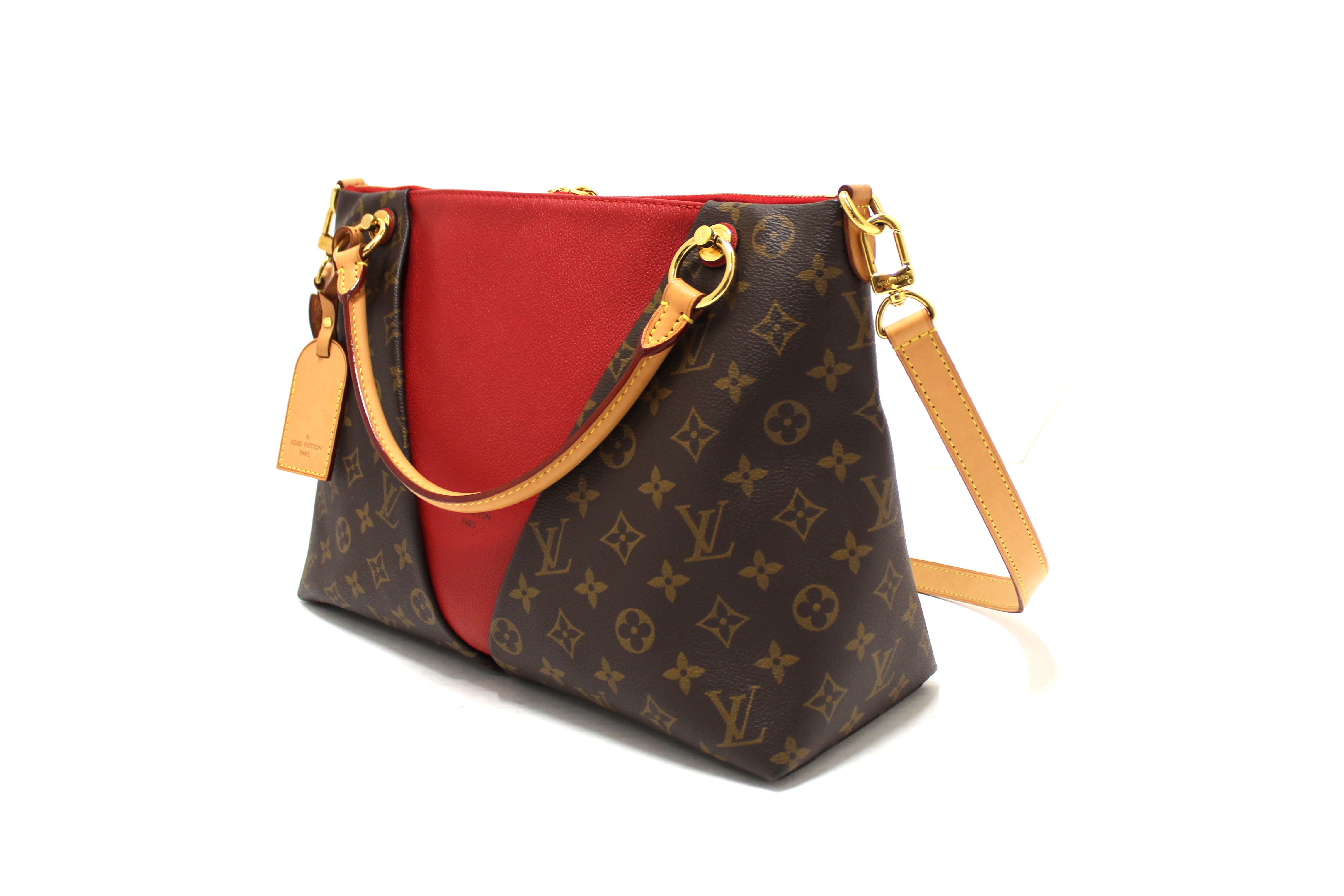 Authentic Louis Vuitton Classic Monogram  Canvas with Red Leather V Tote MM Bag