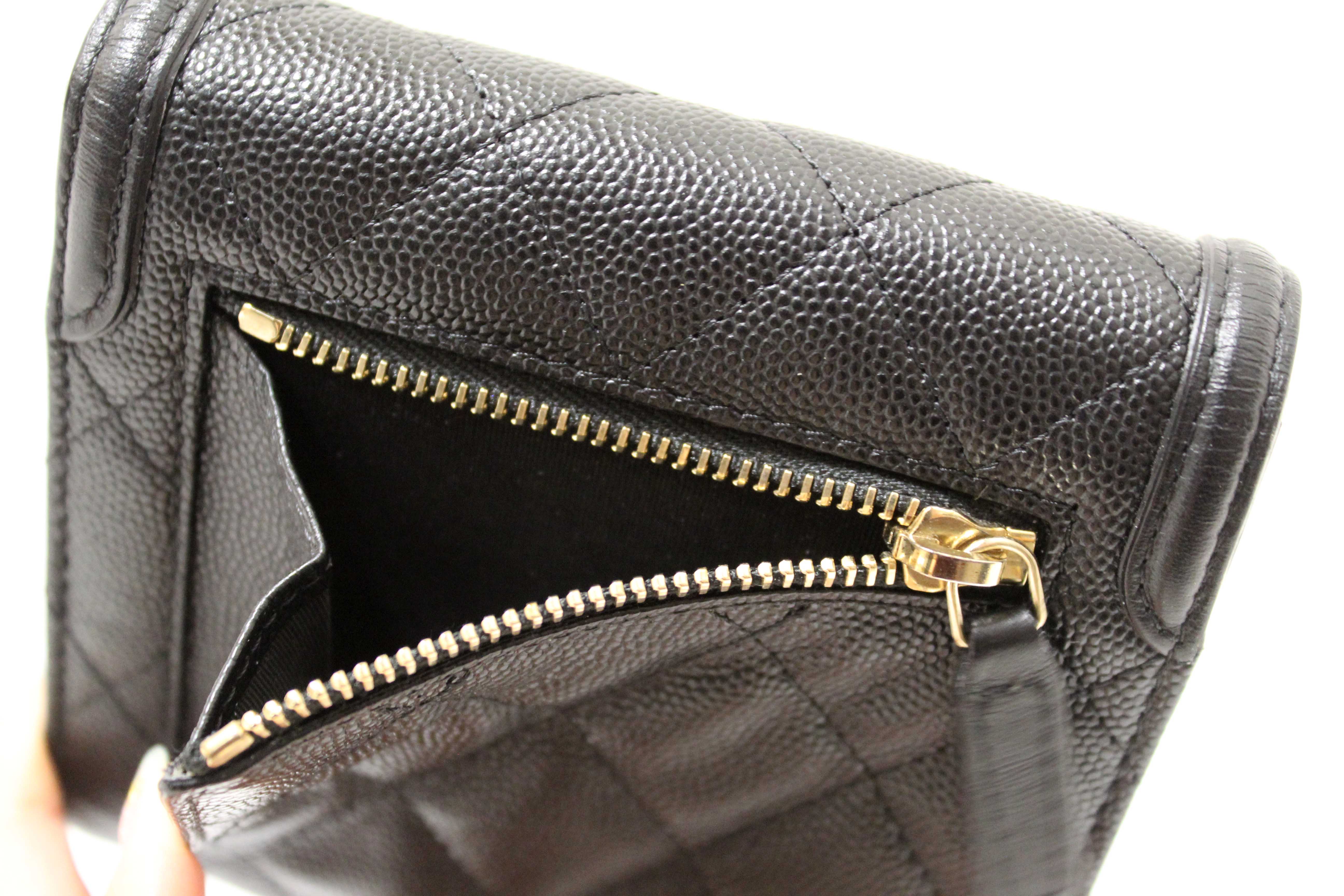 Authentic Chanel Black Caviar Leather CC Filigree Trifold Wallet