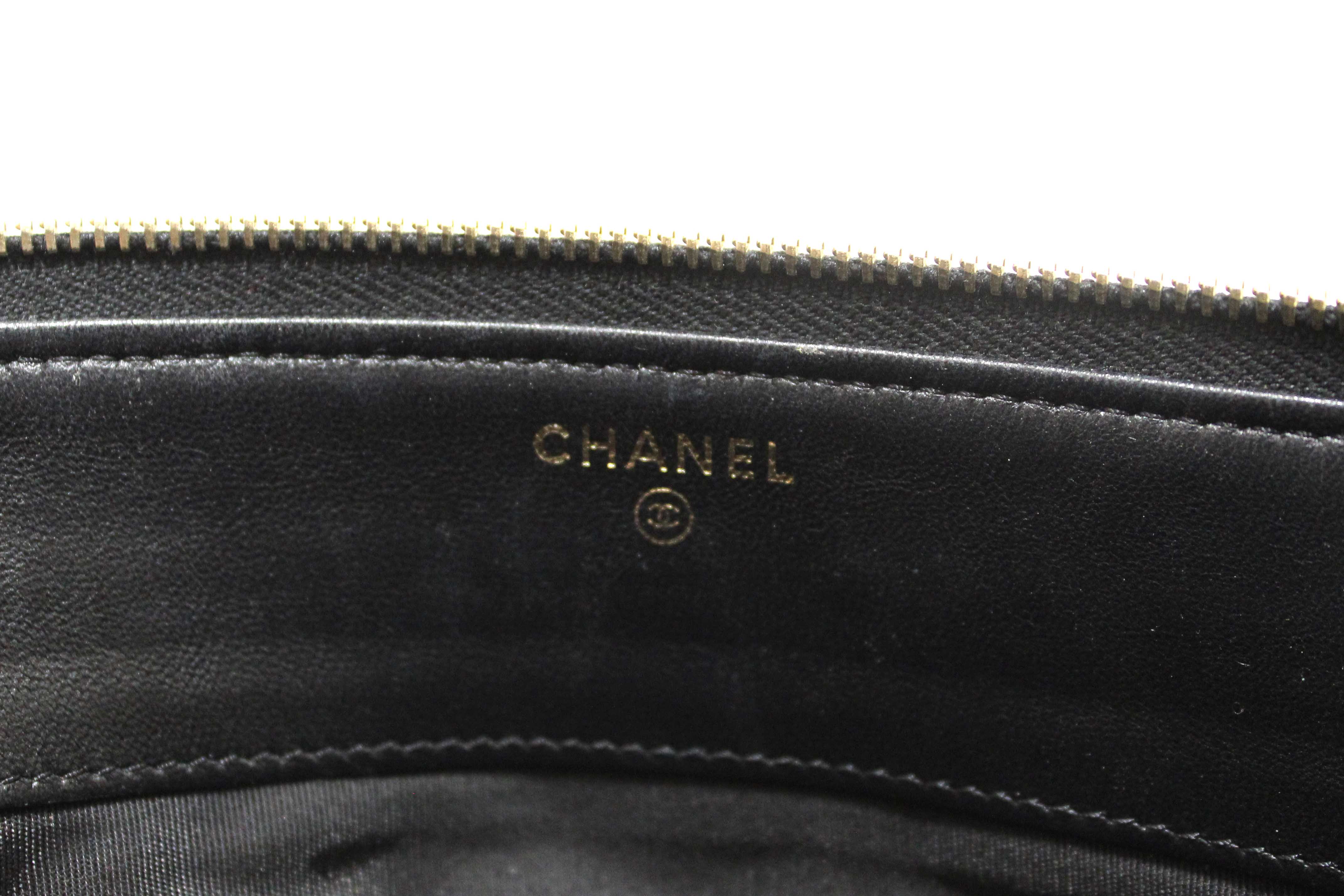 Authentic Chanel Black Lambskin Quilted Small Boy Zipped Pouch
