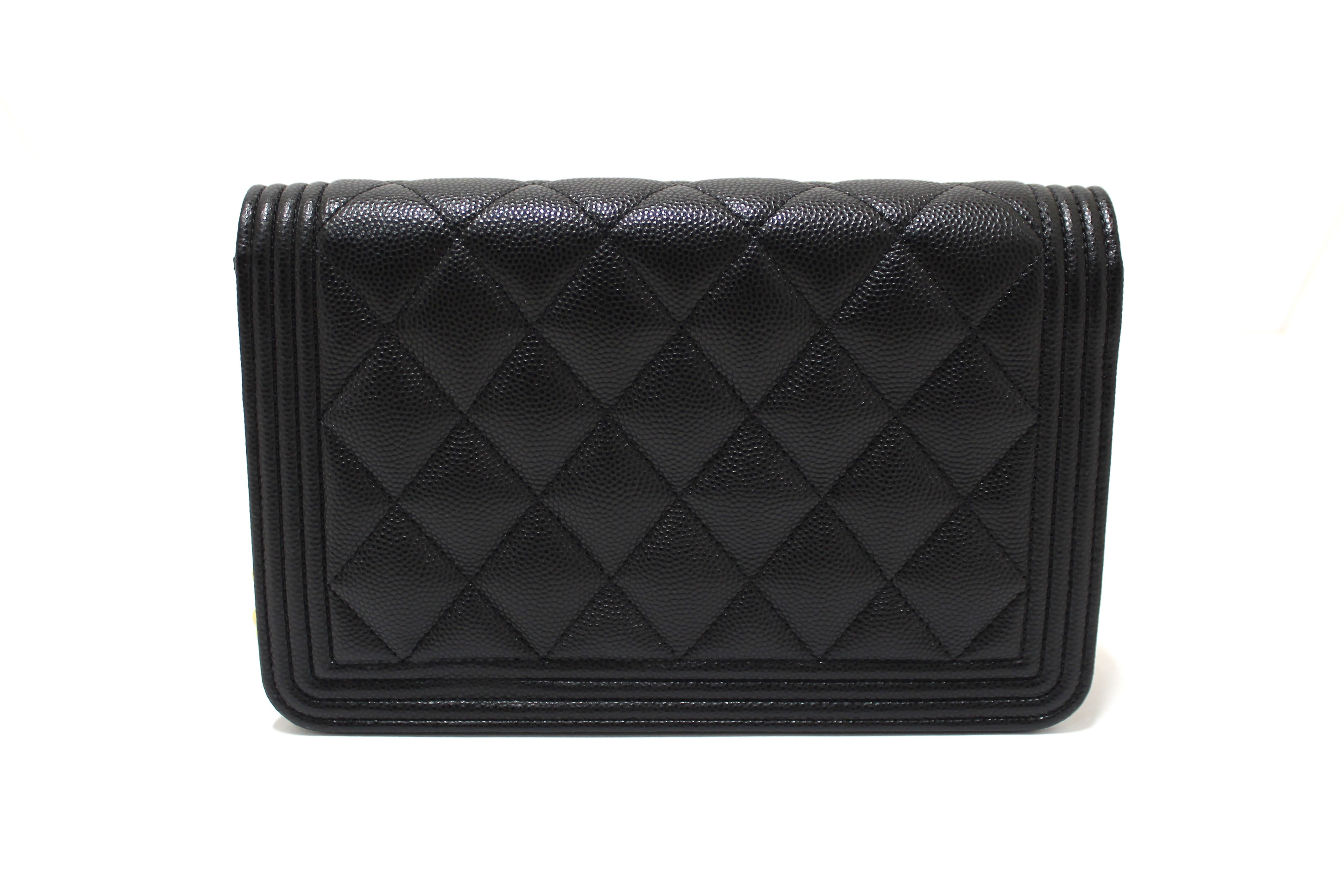 Authentic Chanel Black Caviar Quilted Leather Boy Wallet On Chain WOC