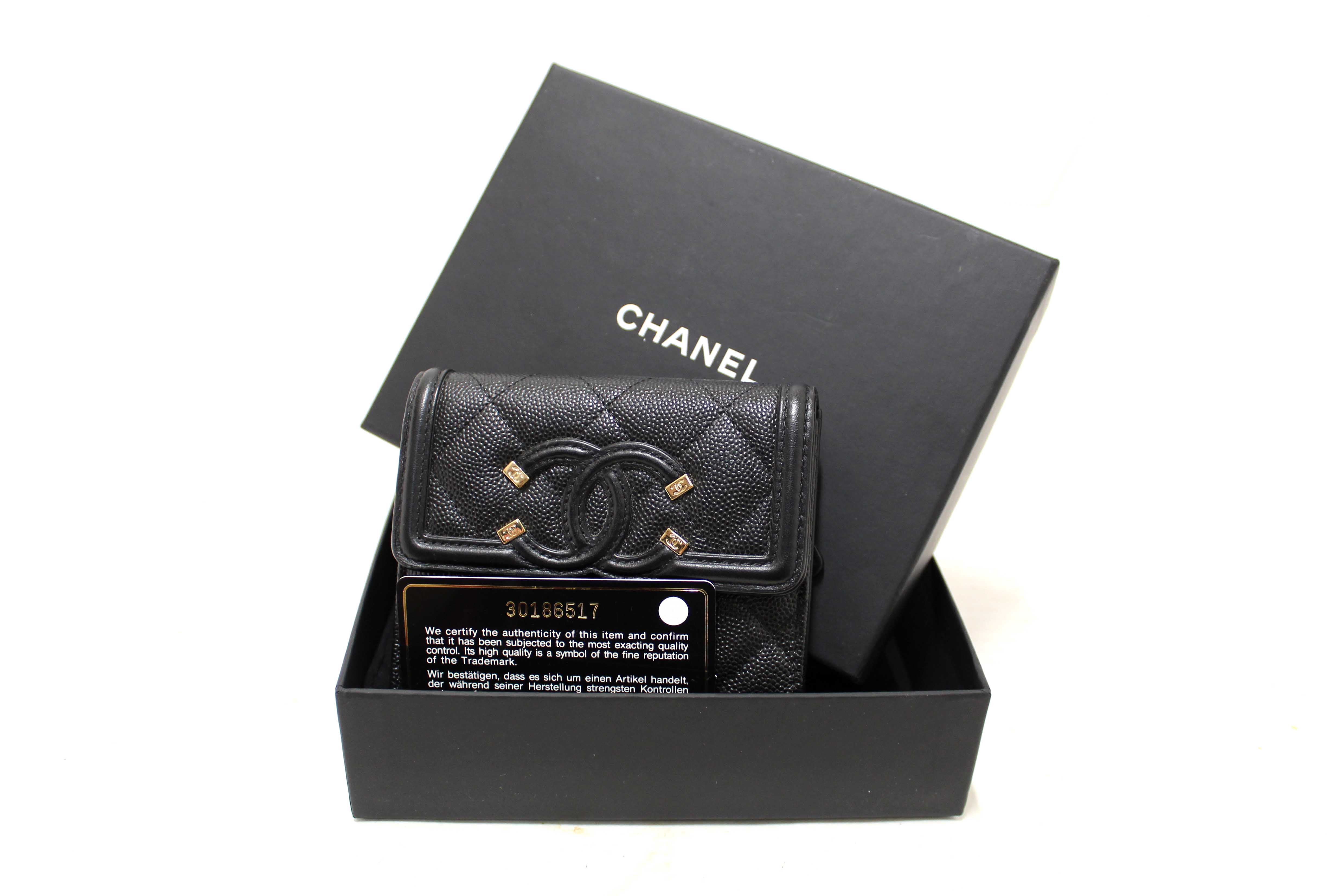 Authentic Chanel Black Caviar Leather CC Filigree Trifold Wallet