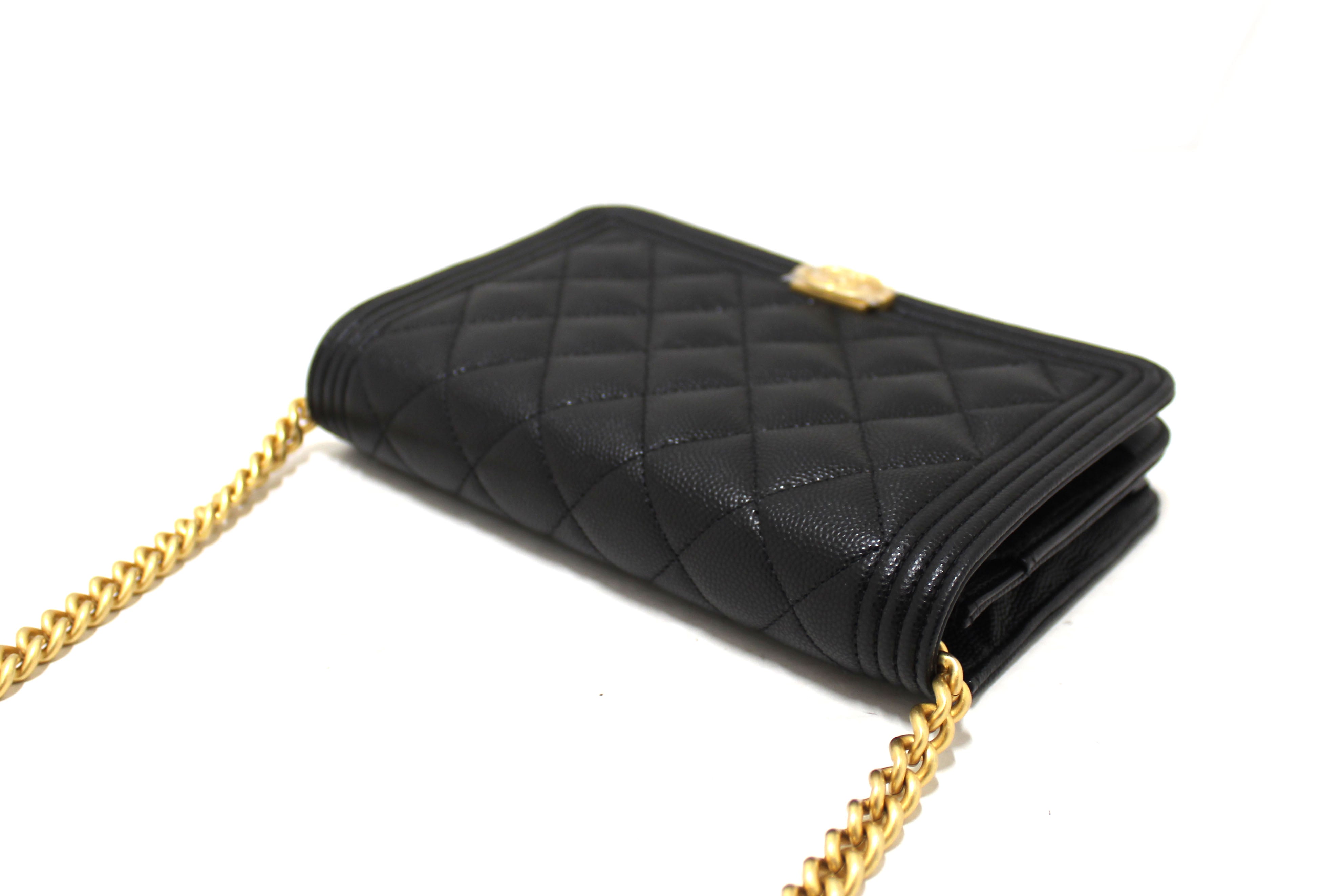 Authentic Chanel Black Caviar Quilted Leather Boy Wallet On Chain WOC