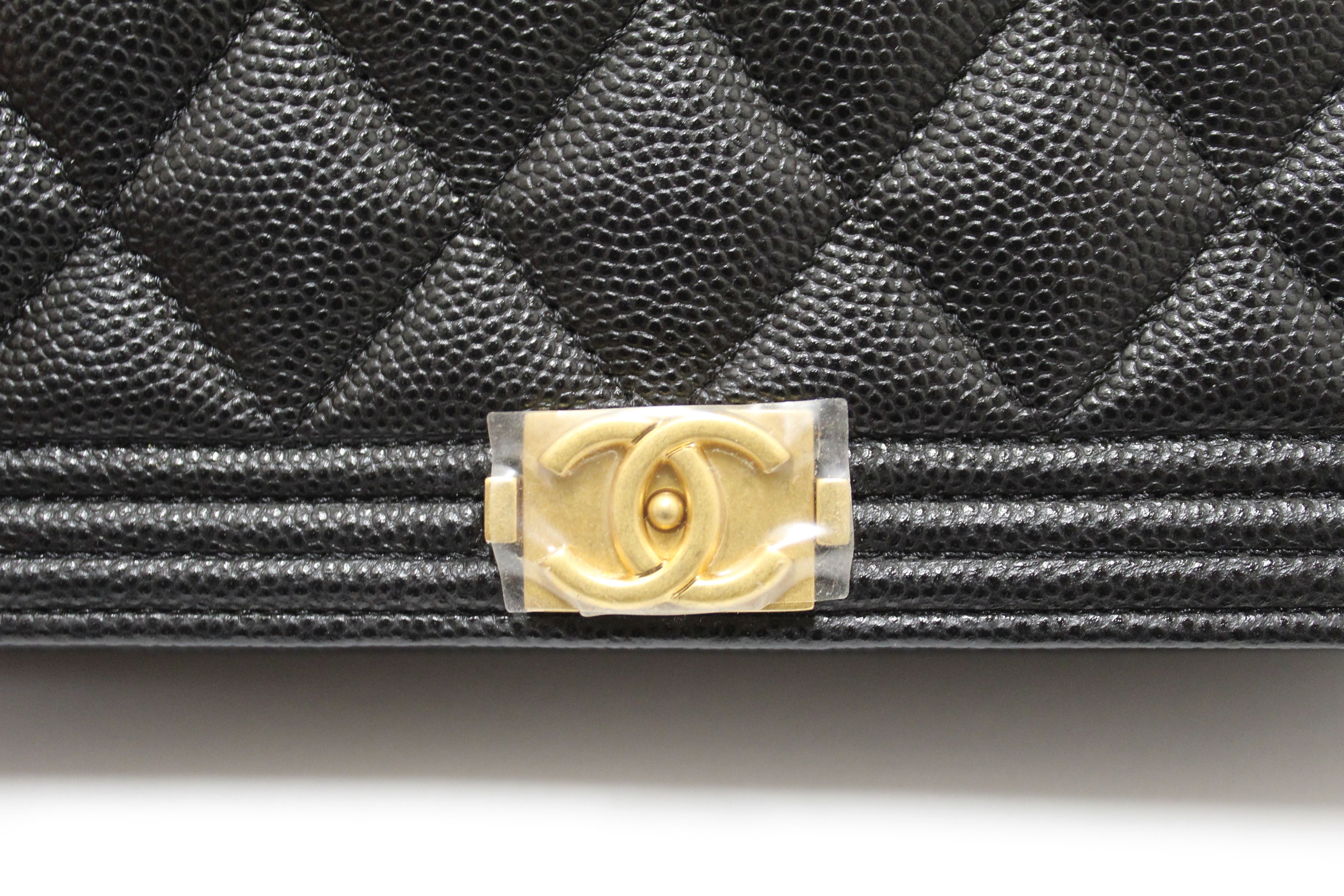 Authentic Chanel Black Caviar Quilted Leather Boy Wallet On Chain WOC