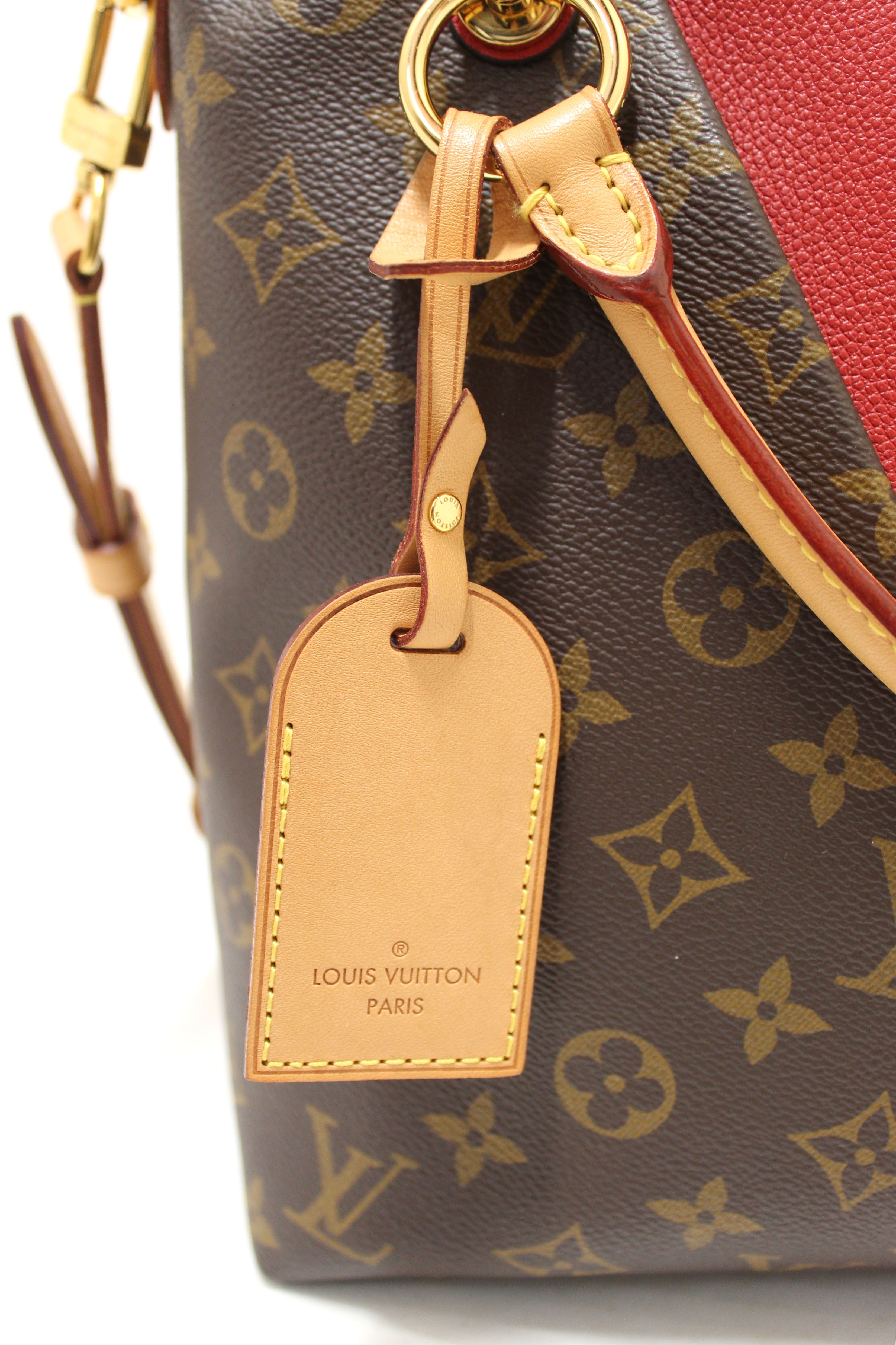 Authentic Louis Vuitton Classic Monogram  Canvas with Red Leather V Tote MM Bag