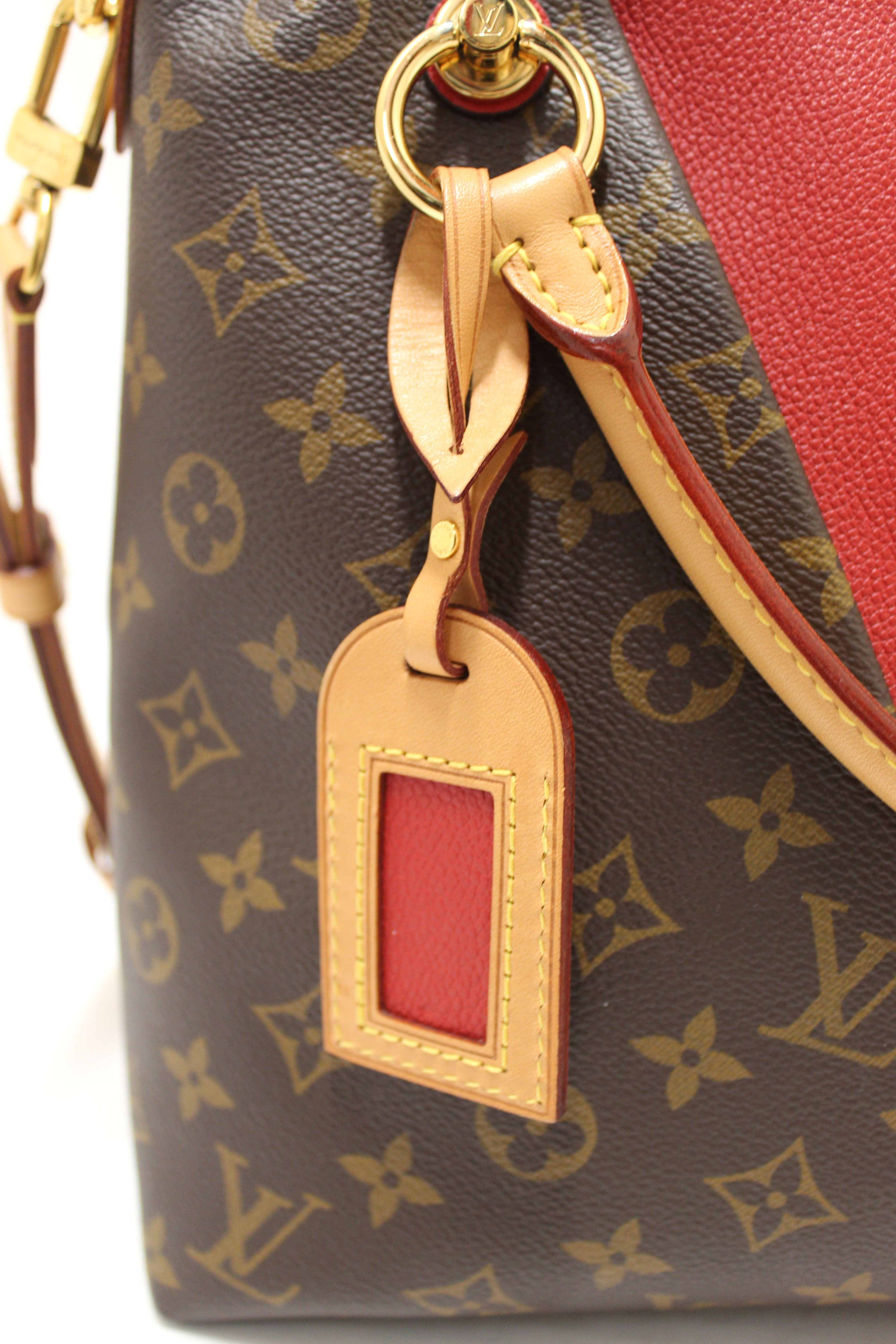 Authentic Louis Vuitton Classic Monogram  Canvas with Red Leather V Tote MM Bag