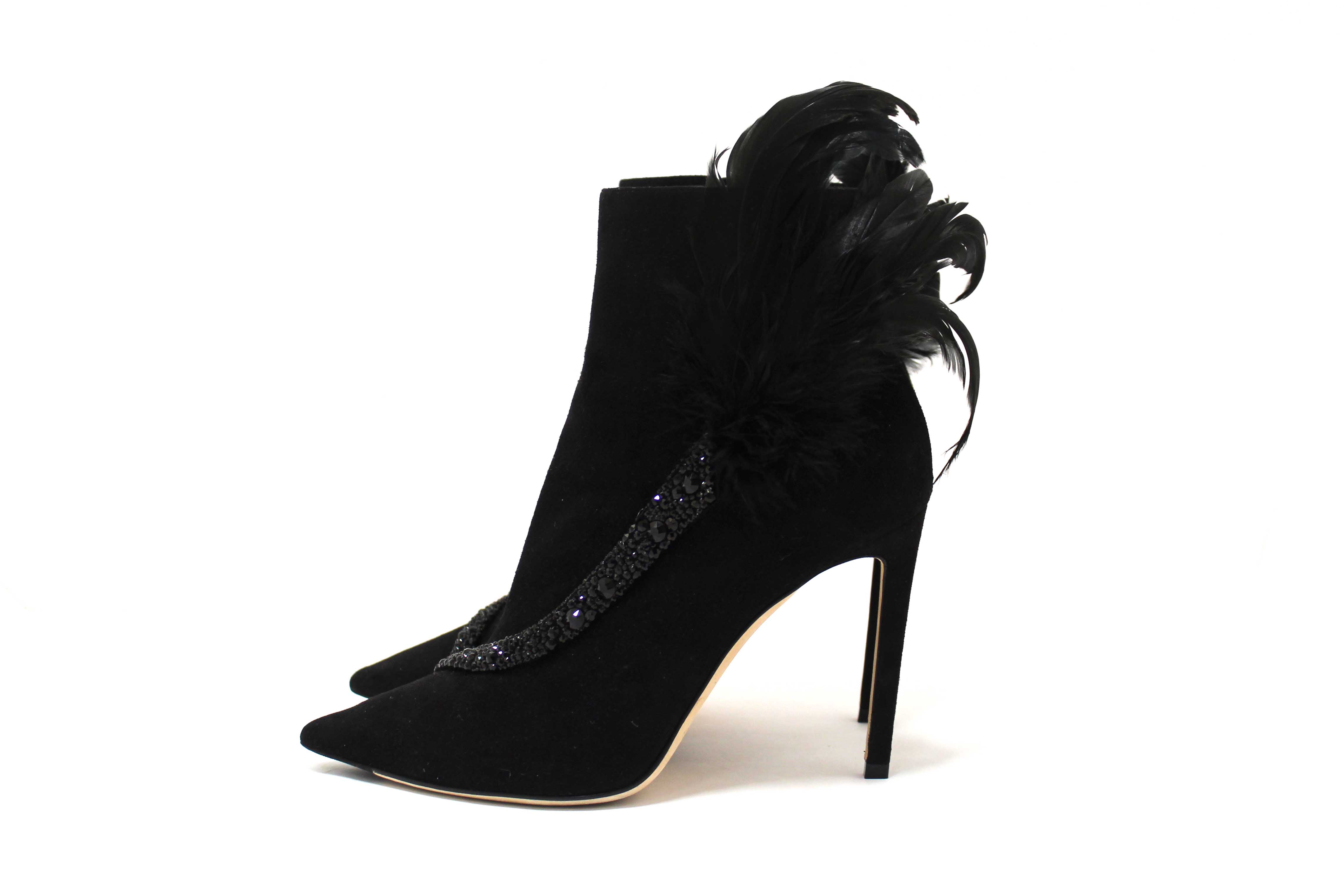 Authentic NEW Jimmy Choo Black Suede and Feather Crystal Embellished Ankle Boots Size 37.5