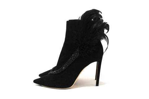 Authentic NEW Jimmy Choo Black Suede and Feather Crystal Embellished Ankle Boots Size 37.5