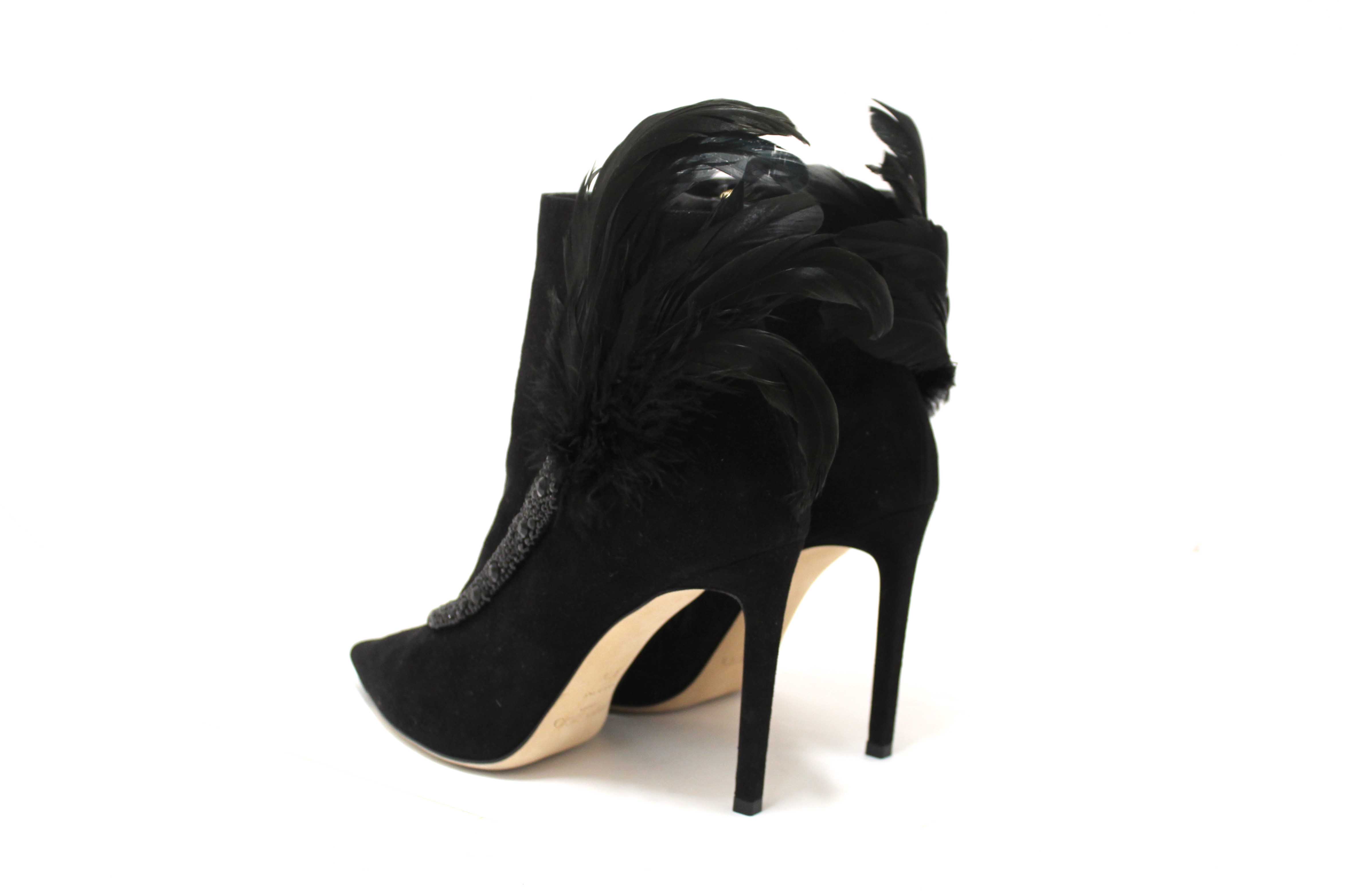 Authentic NEW Jimmy Choo Black Suede and Feather Crystal Embellished Ankle Boots Size 37.5