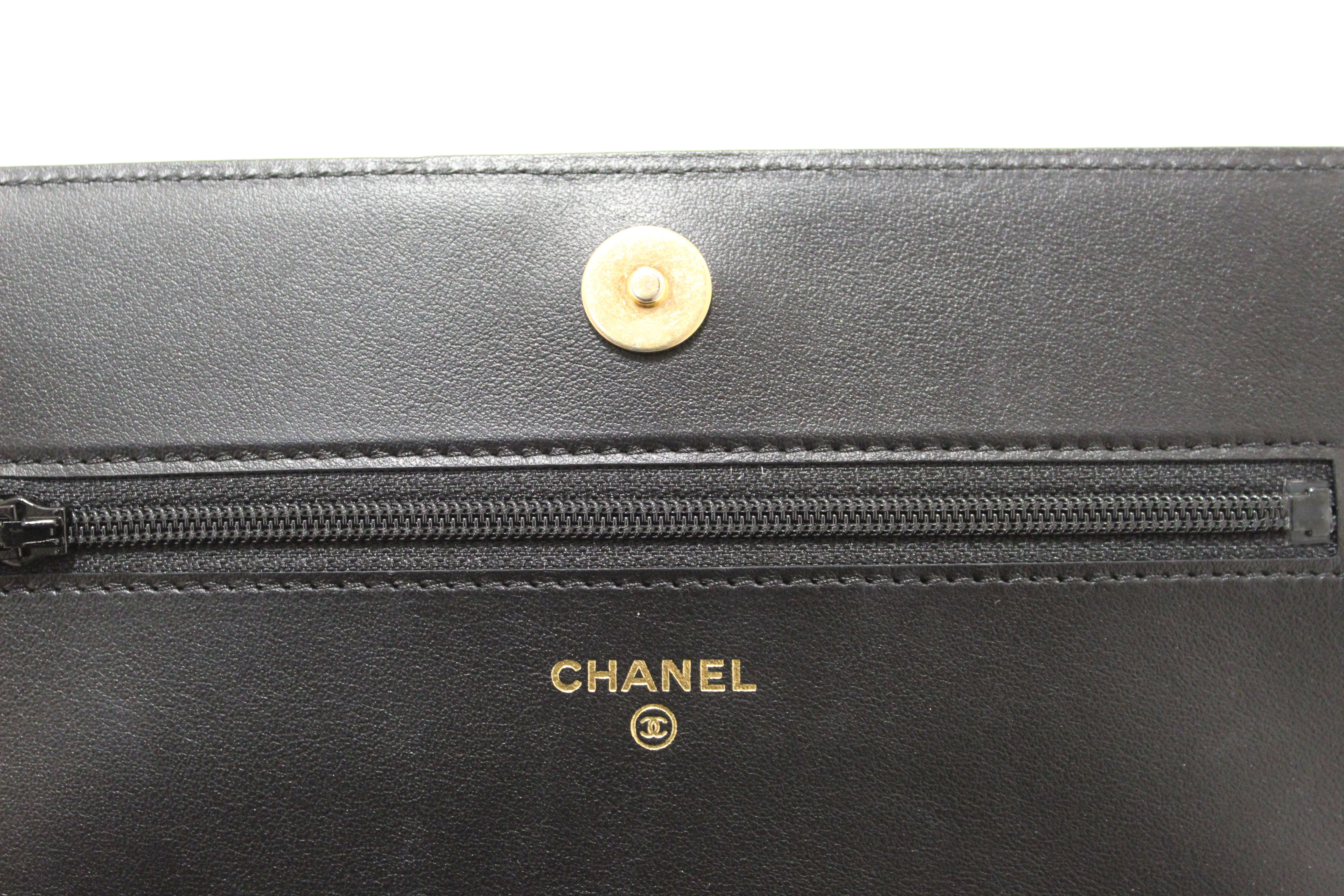 Authentic Chanel Black Caviar Quilted Leather Boy Wallet On Chain WOC