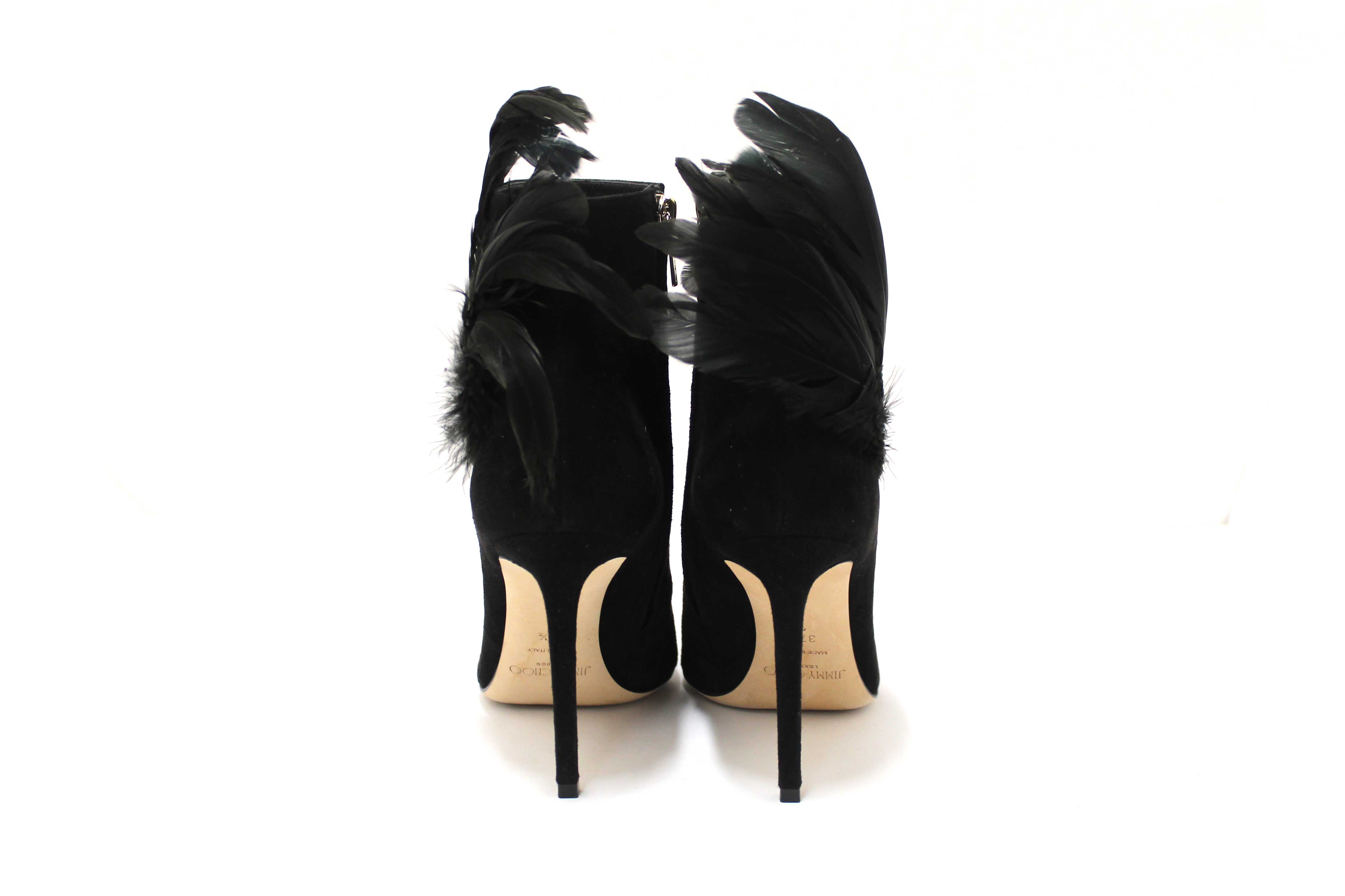 Authentic NEW Jimmy Choo Black Suede and Feather Crystal Embellished Ankle Boots Size 37.5