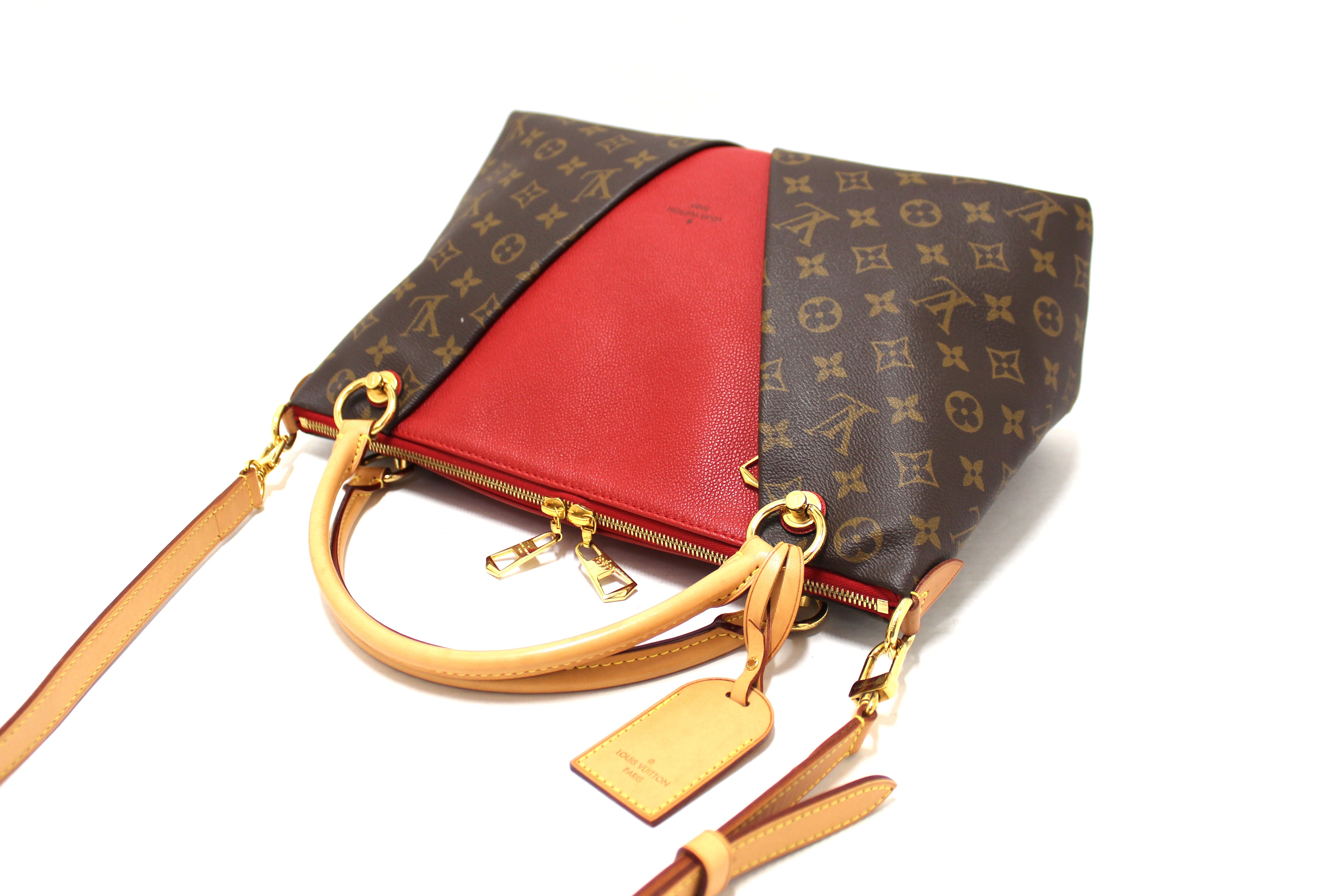 Authentic Louis Vuitton Classic Monogram  Canvas with Red Leather V Tote MM Bag