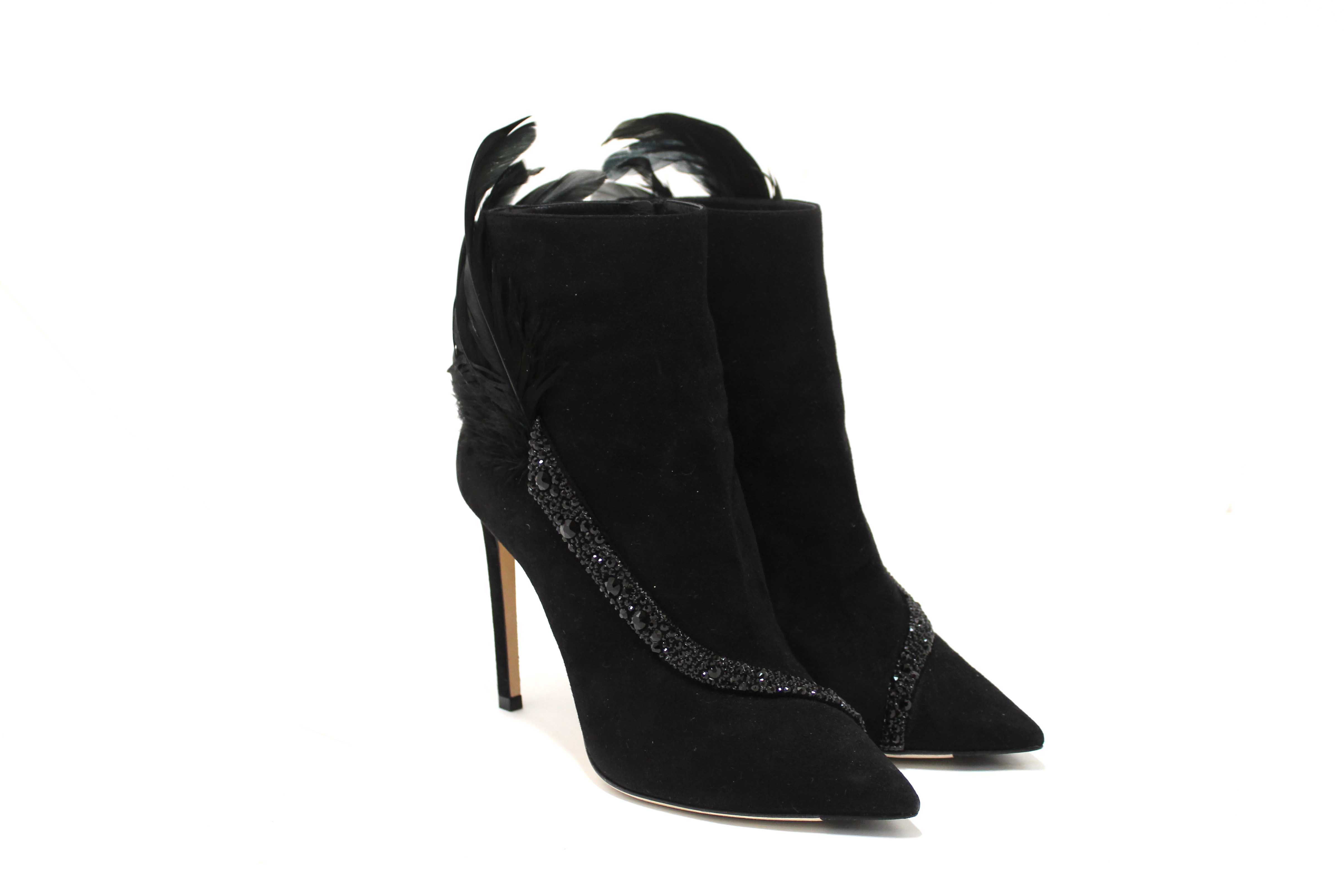Authentic NEW Jimmy Choo Black Suede and Feather Crystal Embellished Ankle Boots Size 37.5