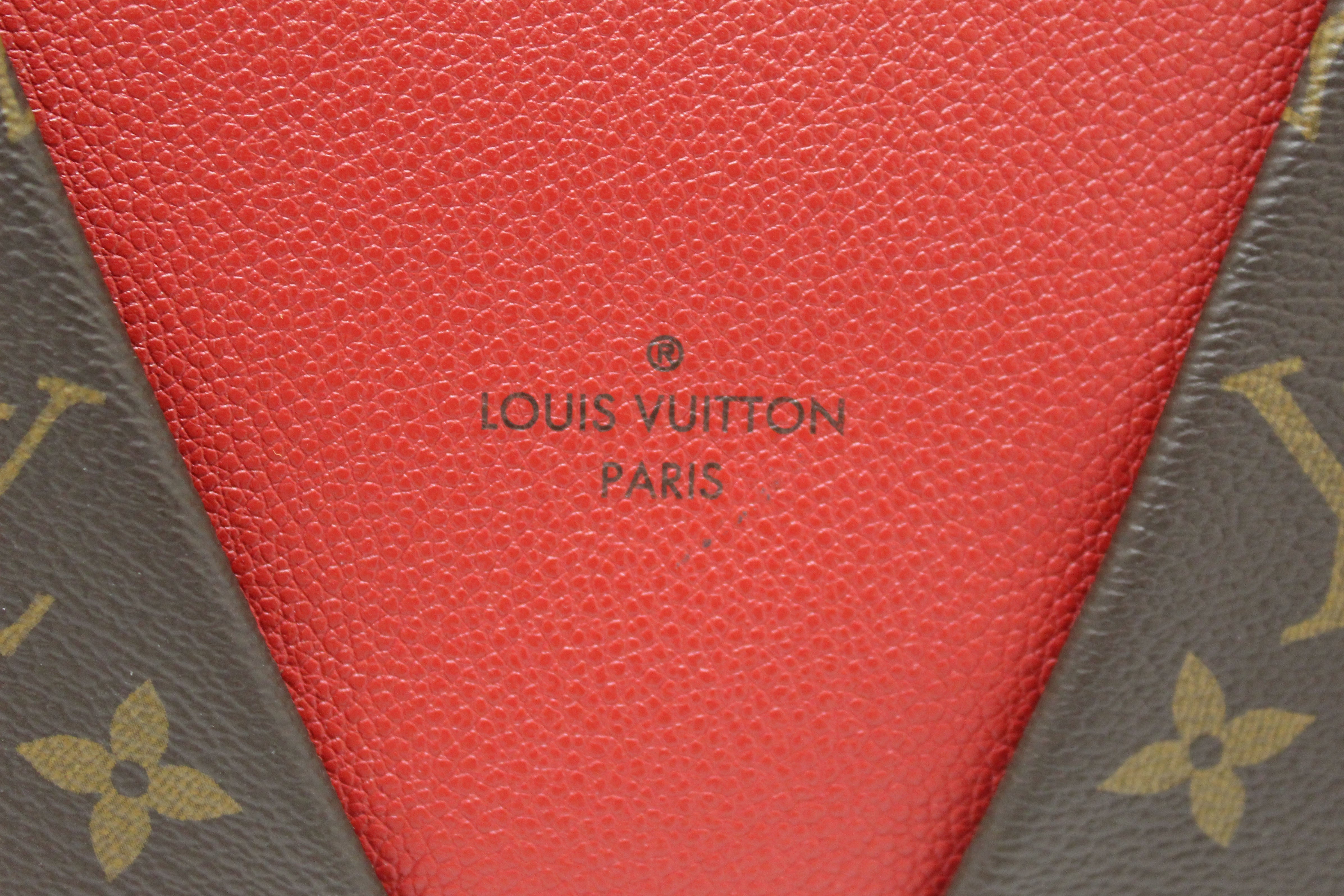 Authentic Louis Vuitton Classic Monogram  Canvas with Red Leather V Tote MM Bag