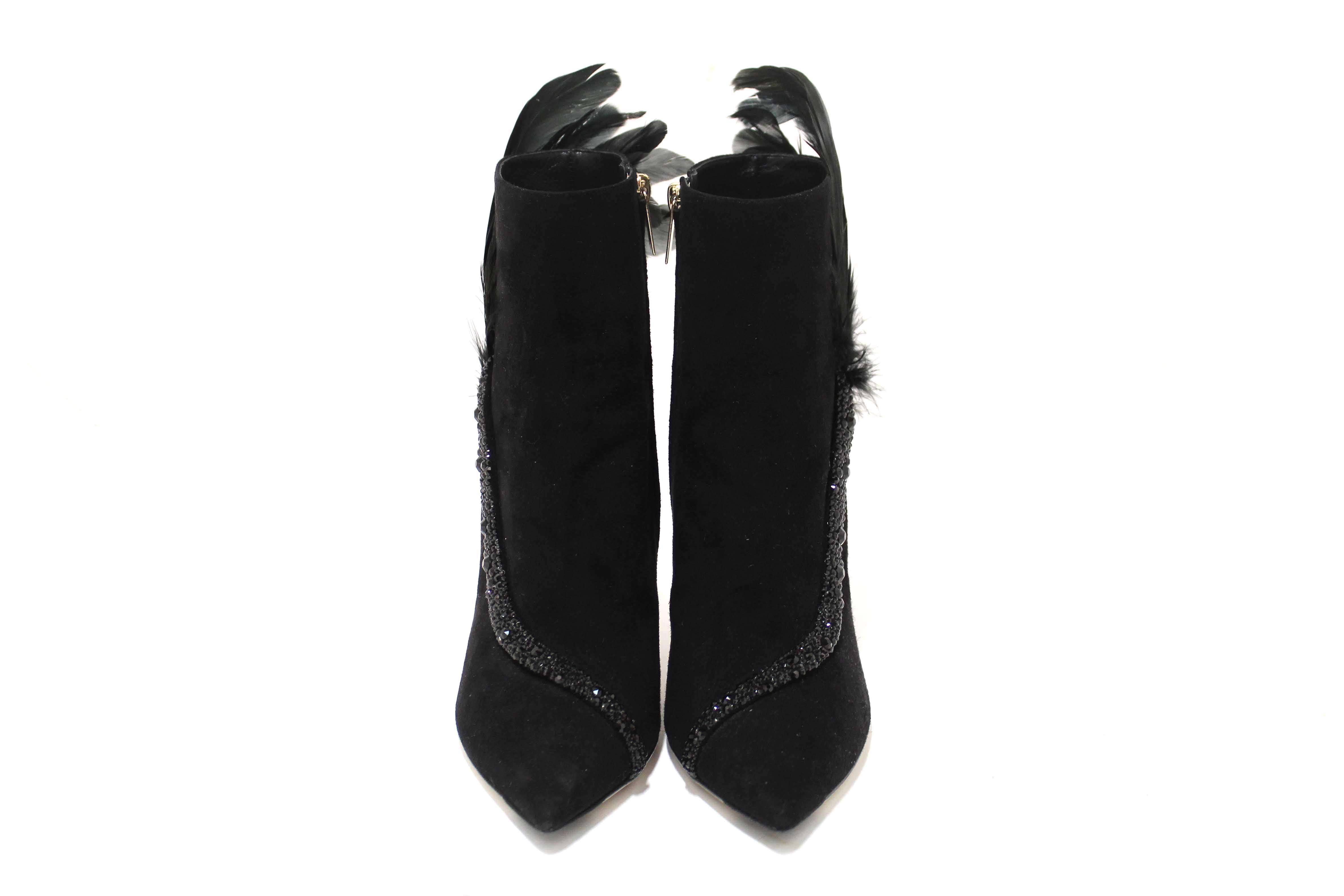 Authentic NEW Jimmy Choo Black Suede and Feather Crystal Embellished Ankle Boots Size 37.5