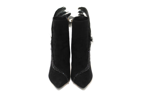 Authentic NEW Jimmy Choo Black Suede and Feather Crystal Embellished Ankle Boots Size 37.5