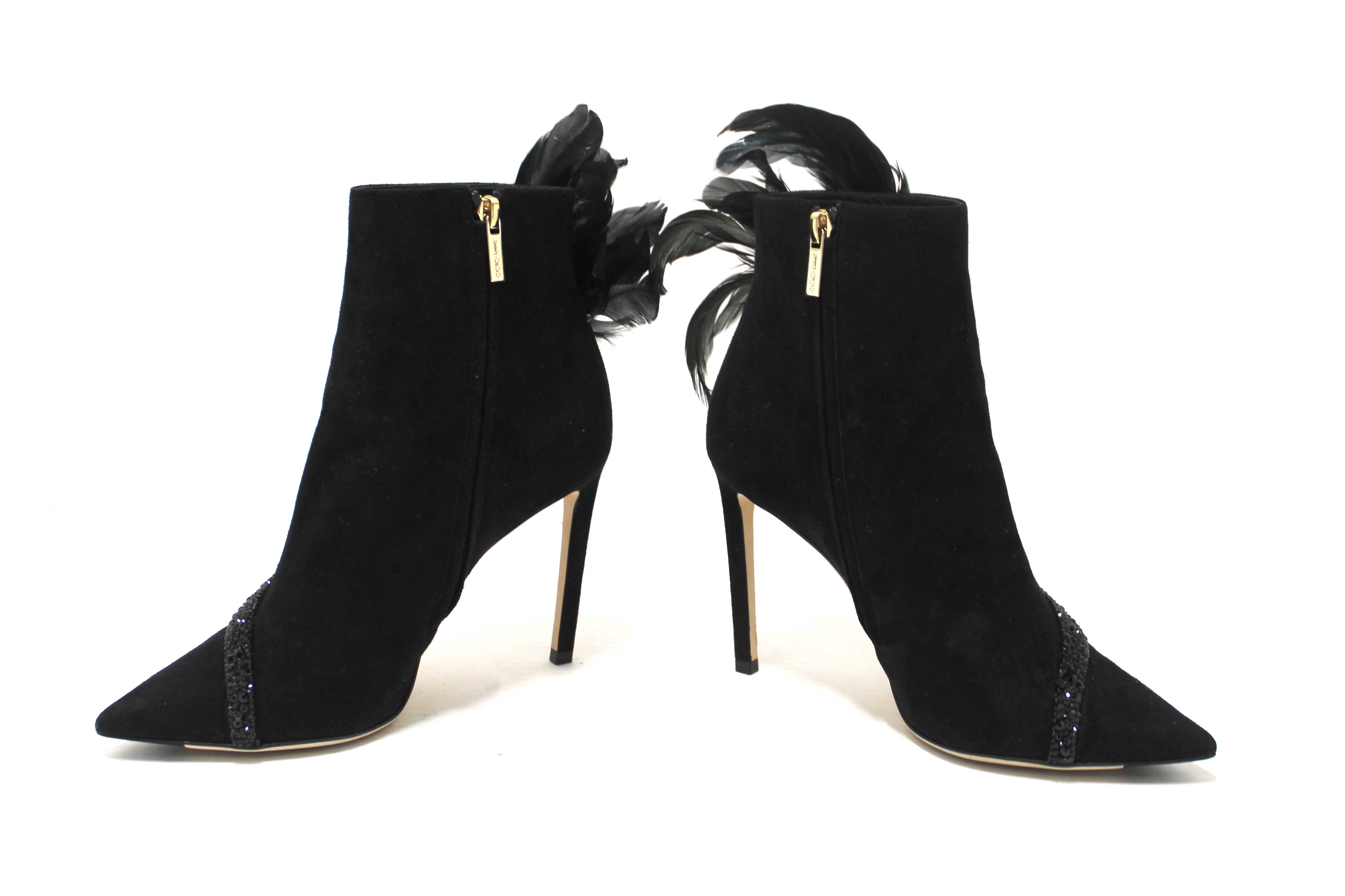 Authentic NEW Jimmy Choo Black Suede and Feather Crystal Embellished Ankle Boots Size 37.5