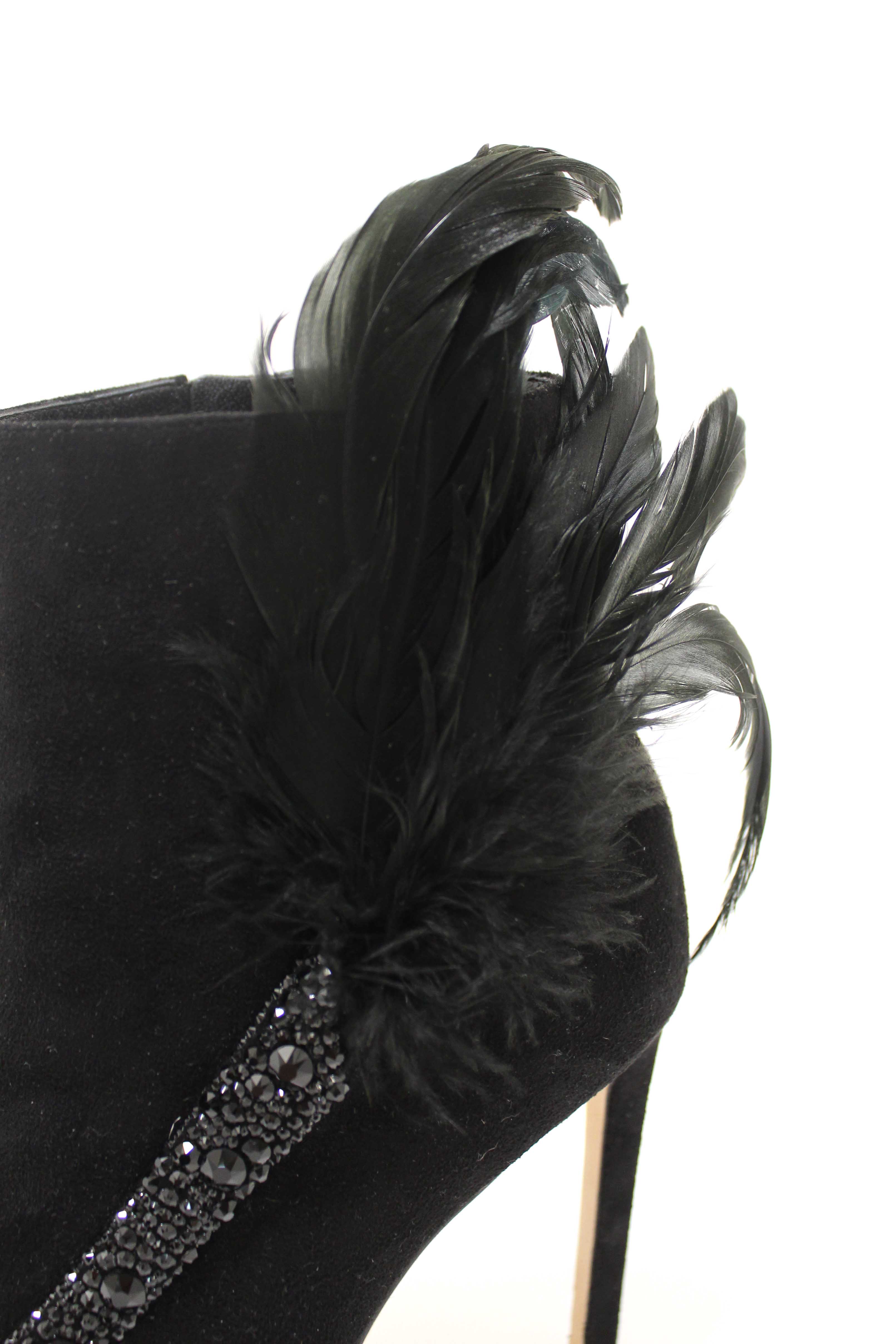 Authentic NEW Jimmy Choo Black Suede and Feather Crystal Embellished Ankle Boots Size 37.5