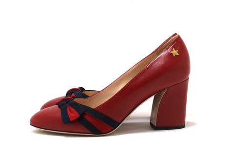 Authentic Gucci Red Smooth Calfskin Leather Web Bow Malaga Pumps Size 39