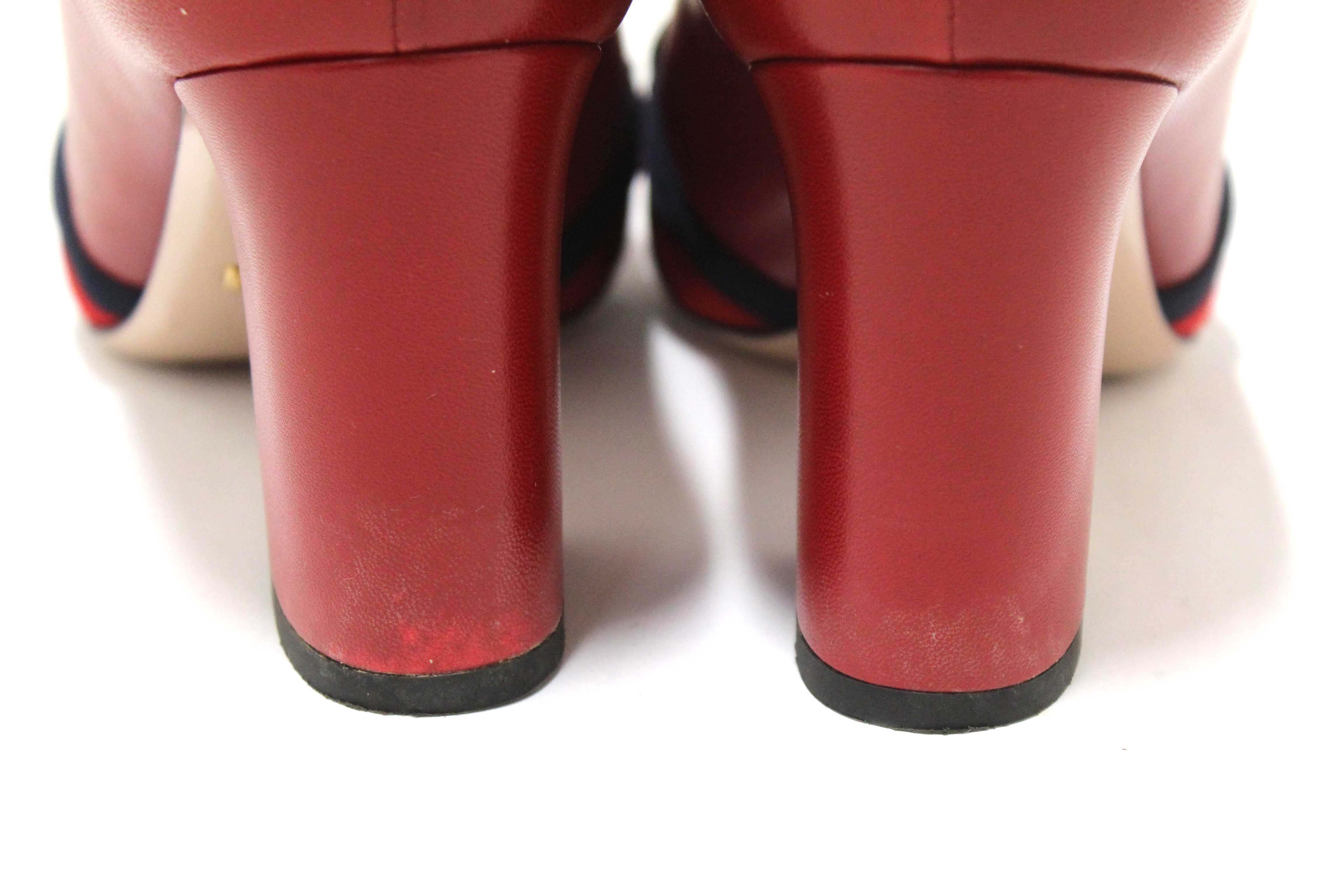 Authentic Gucci Red Smooth Calfskin Leather Web Bow Malaga Pumps Size 39