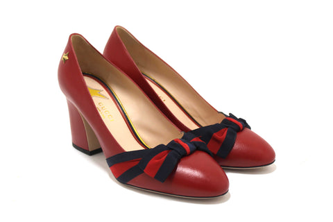 Authentic Gucci Red Smooth Calfskin Leather Web Bow Malaga Pumps Size 39