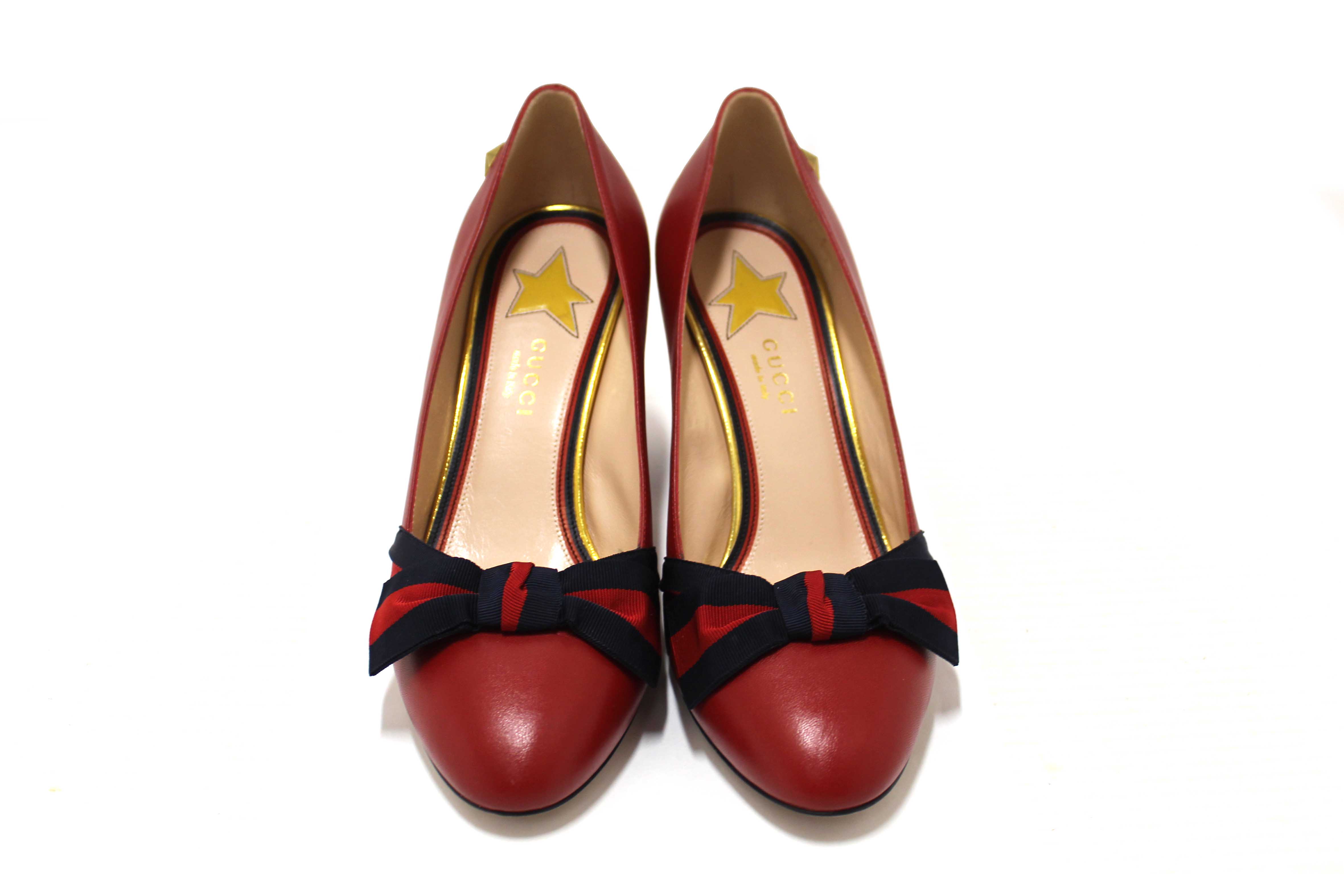 Authentic Gucci Red Smooth Calfskin Leather Web Bow Malaga Pumps Size 39