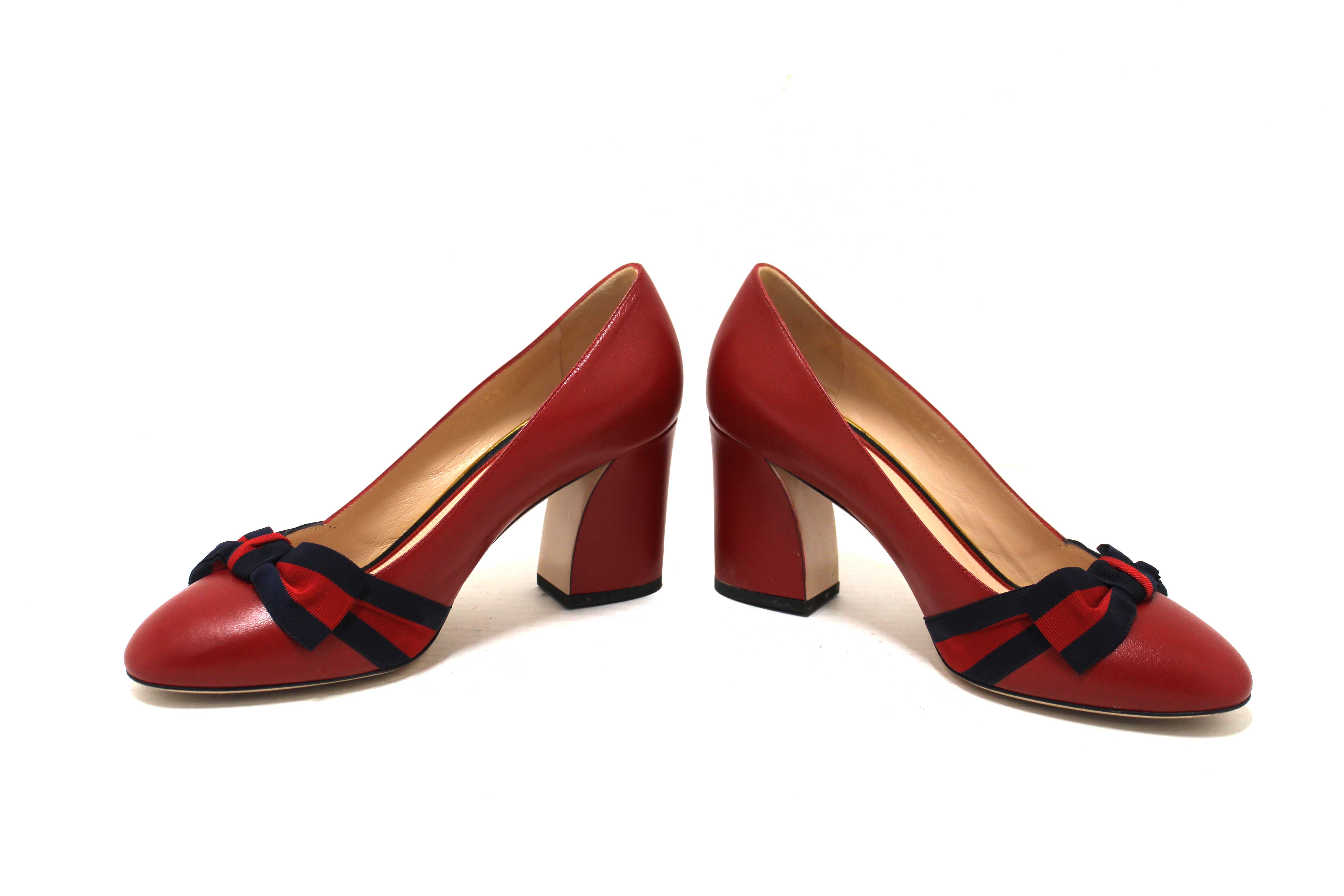 Authentic Gucci Red Smooth Calfskin Leather Web Bow Malaga Pumps Size 39