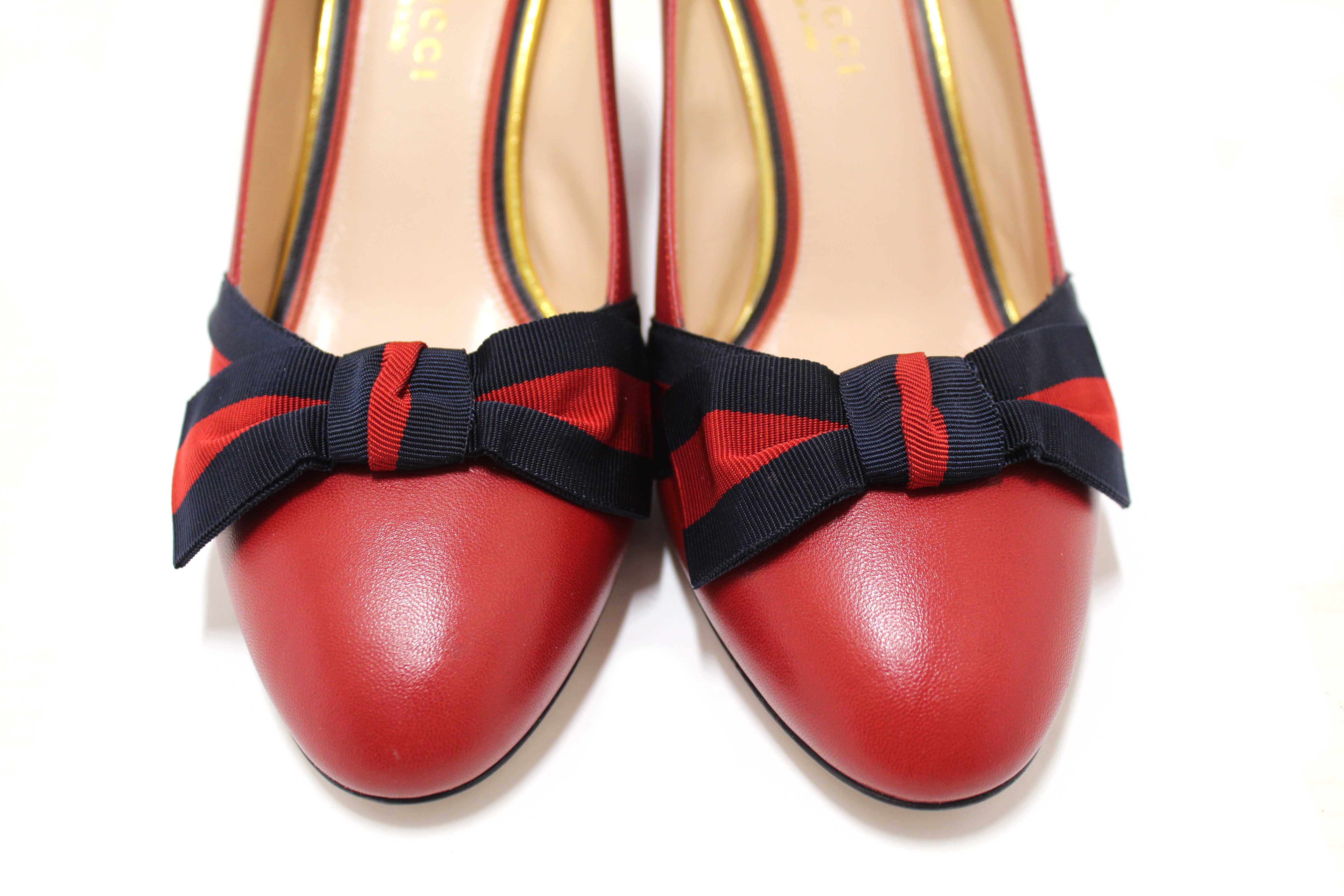 Authentic Gucci Red Smooth Calfskin Leather Web Bow Malaga Pumps Size 39