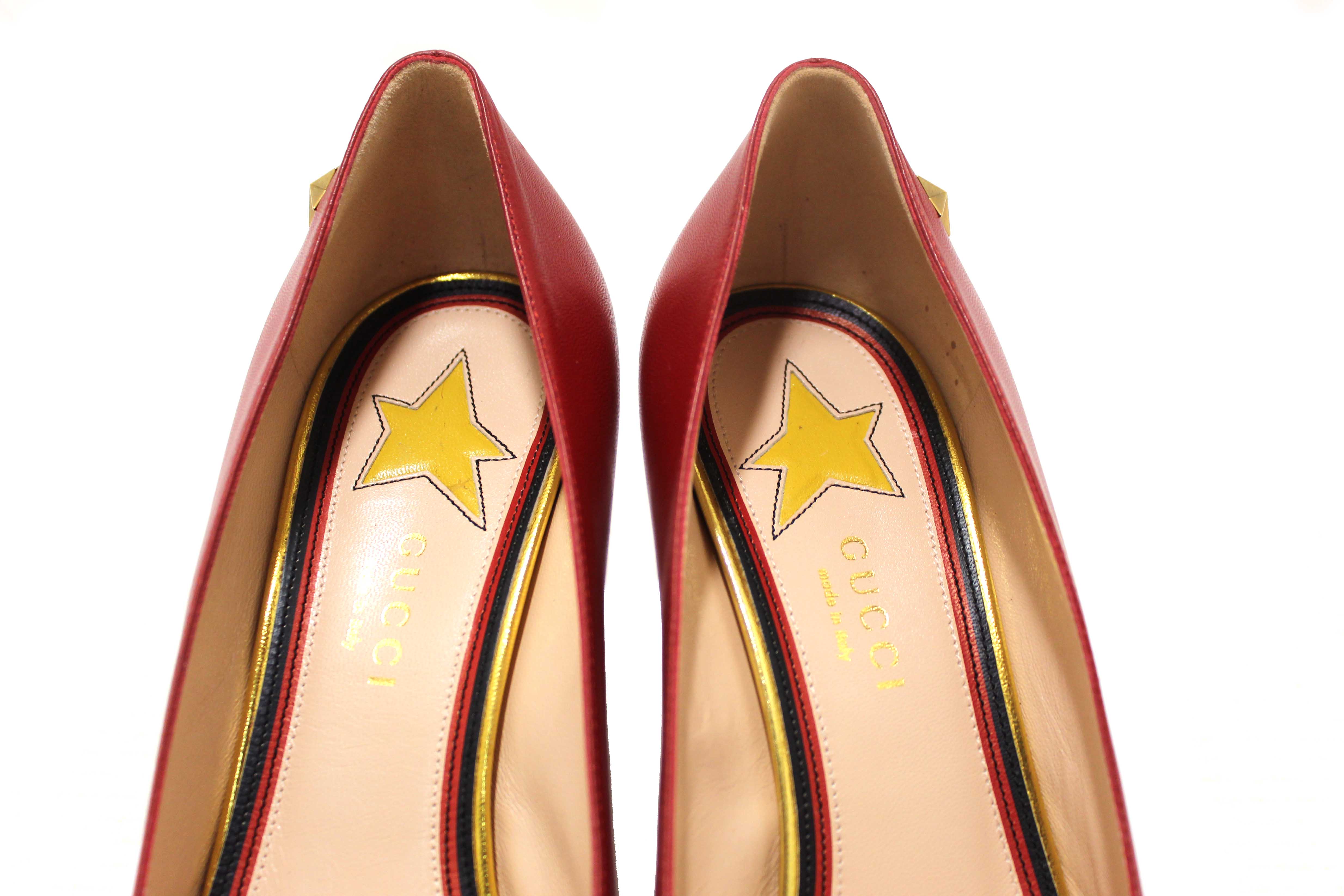 Authentic Gucci Red Smooth Calfskin Leather Web Bow Malaga Pumps Size 39