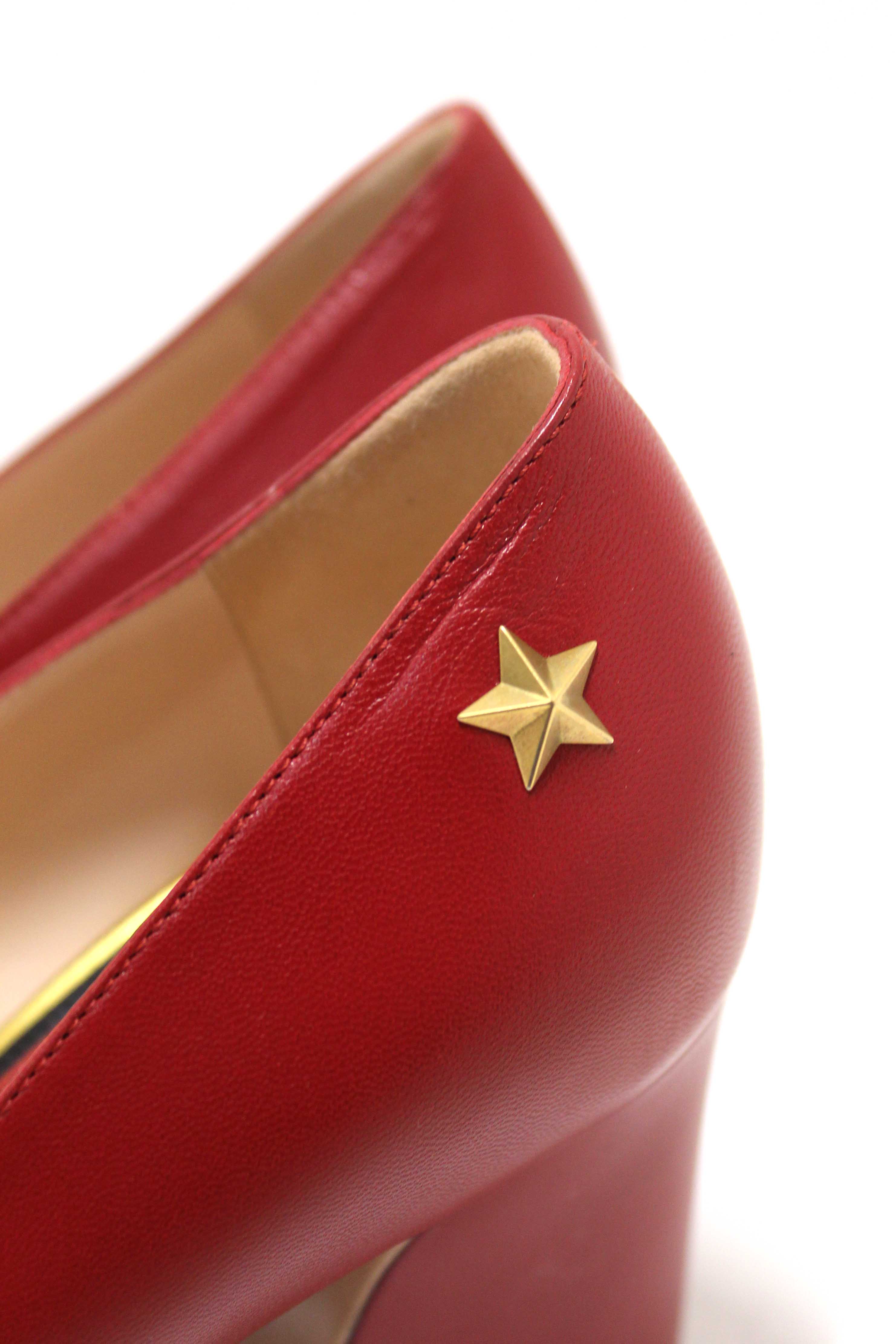 Authentic Gucci Red Smooth Calfskin Leather Web Bow Malaga Pumps Size 39