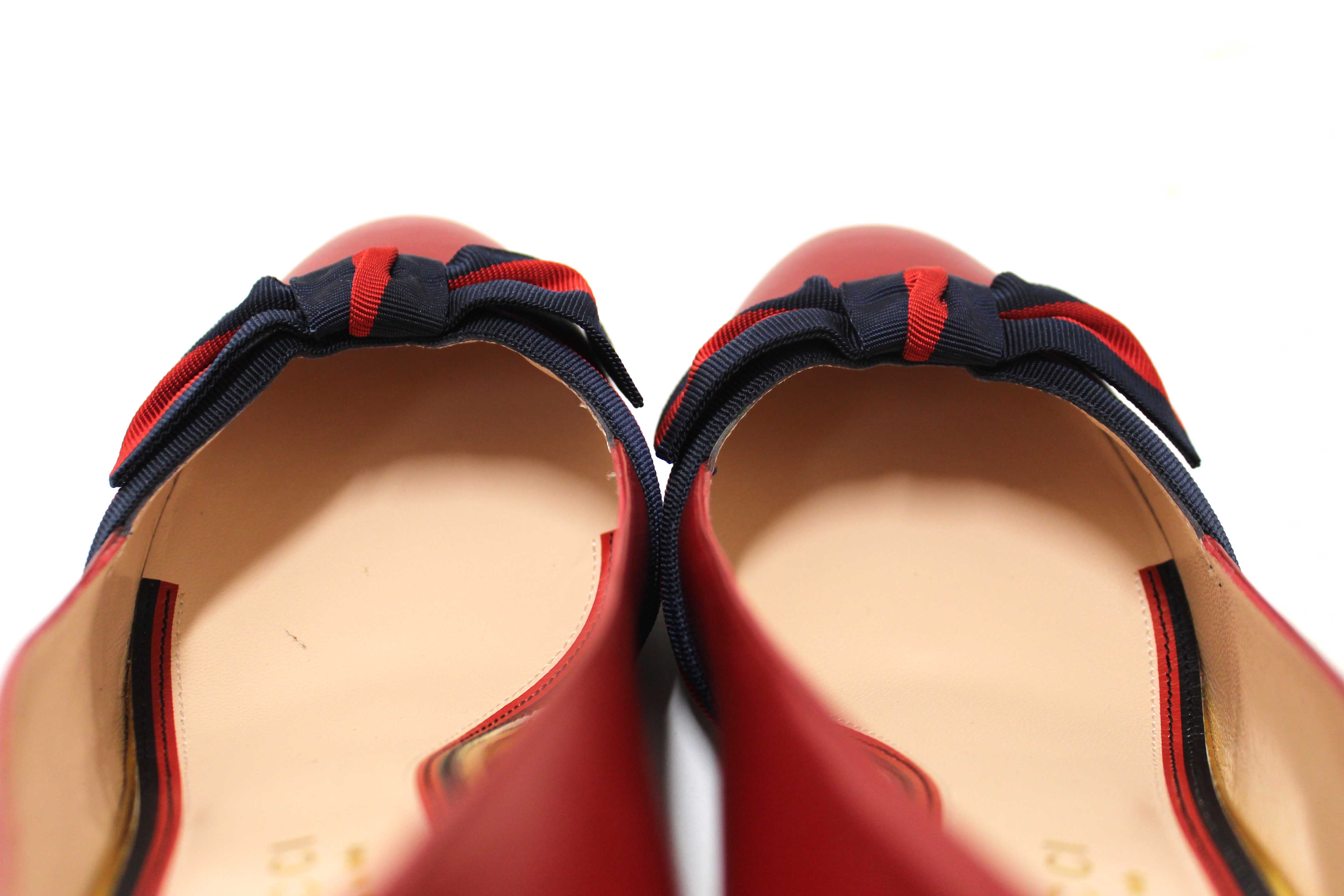 Authentic Gucci Red Smooth Calfskin Leather Web Bow Malaga Pumps Size 39