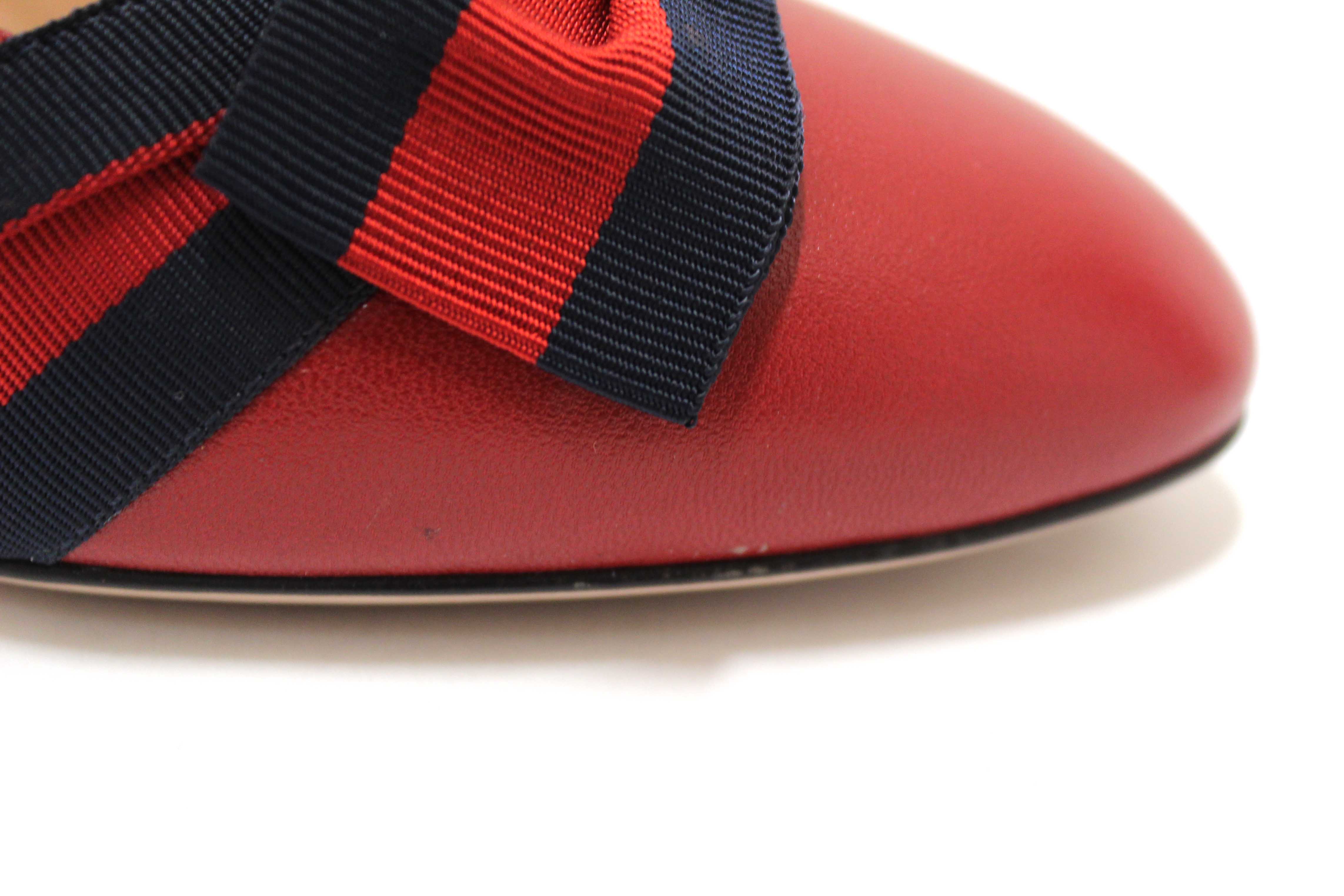 Authentic Gucci Red Smooth Calfskin Leather Web Bow Malaga Pumps Size 39