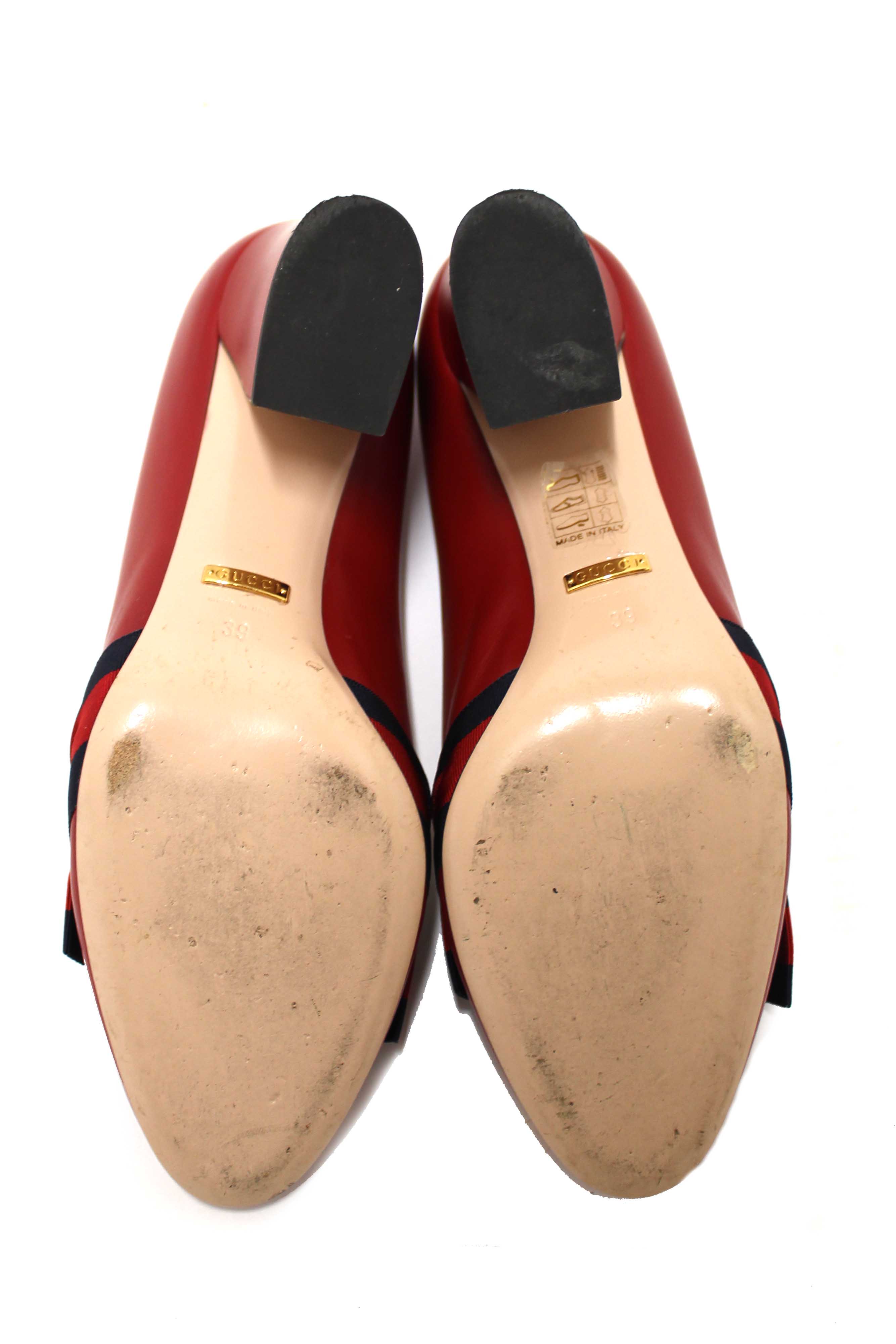 Authentic Gucci Red Smooth Calfskin Leather Web Bow Malaga Pumps Size 39