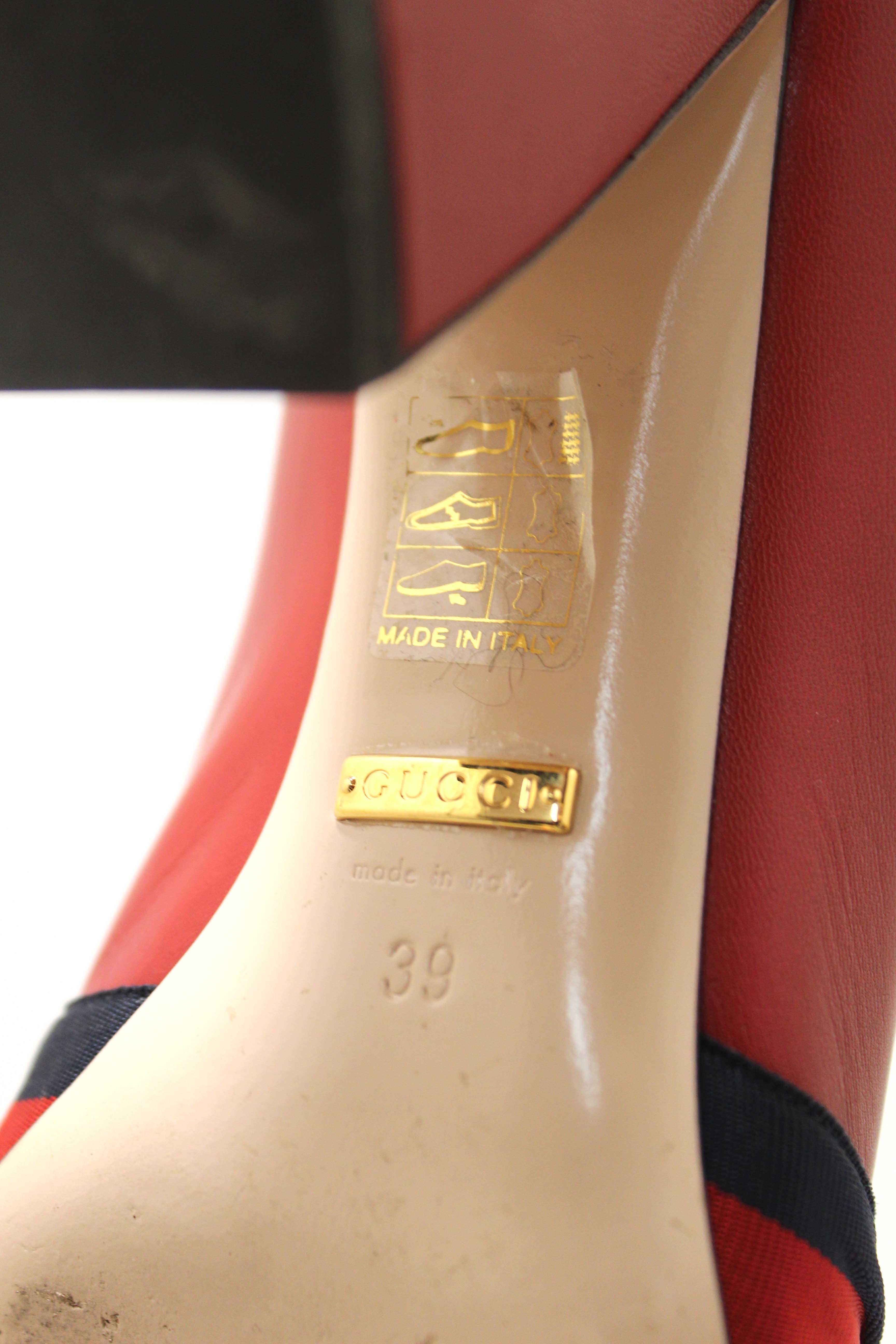Authentic Gucci Red Smooth Calfskin Leather Web Bow Malaga Pumps Size 39