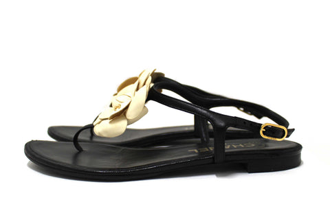 Authentic Chanel Black & White Leather Camellia Thong Sandals Size 37C