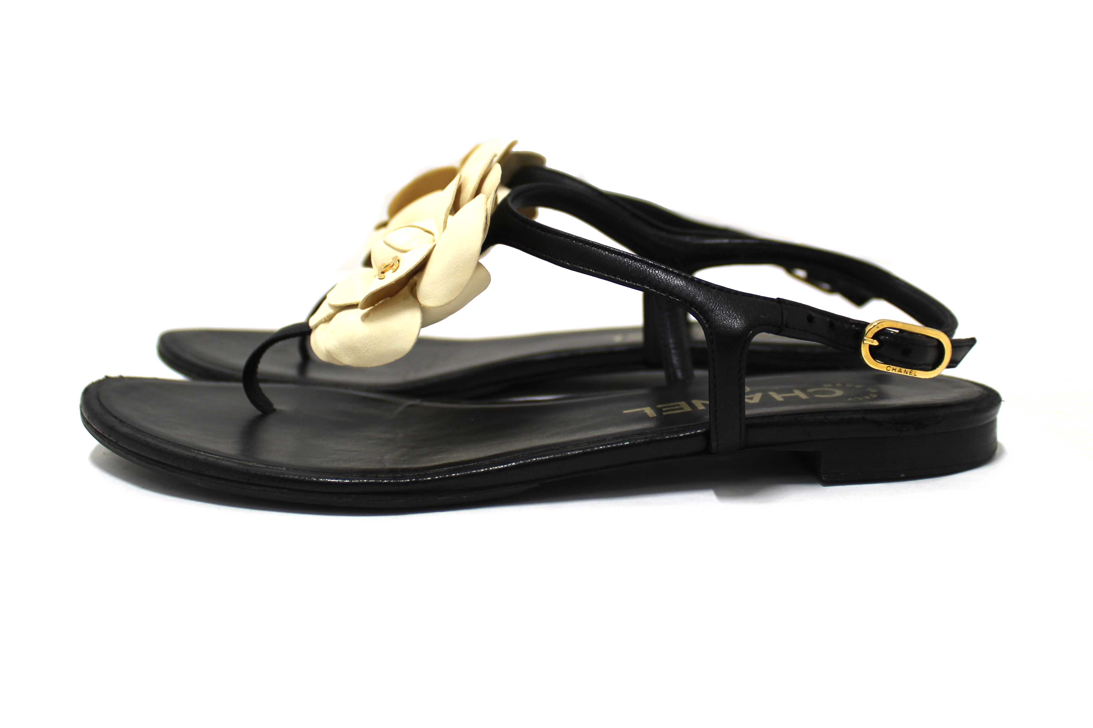 Authentic Chanel Black & White Leather Camellia Thong Sandals Size 37C