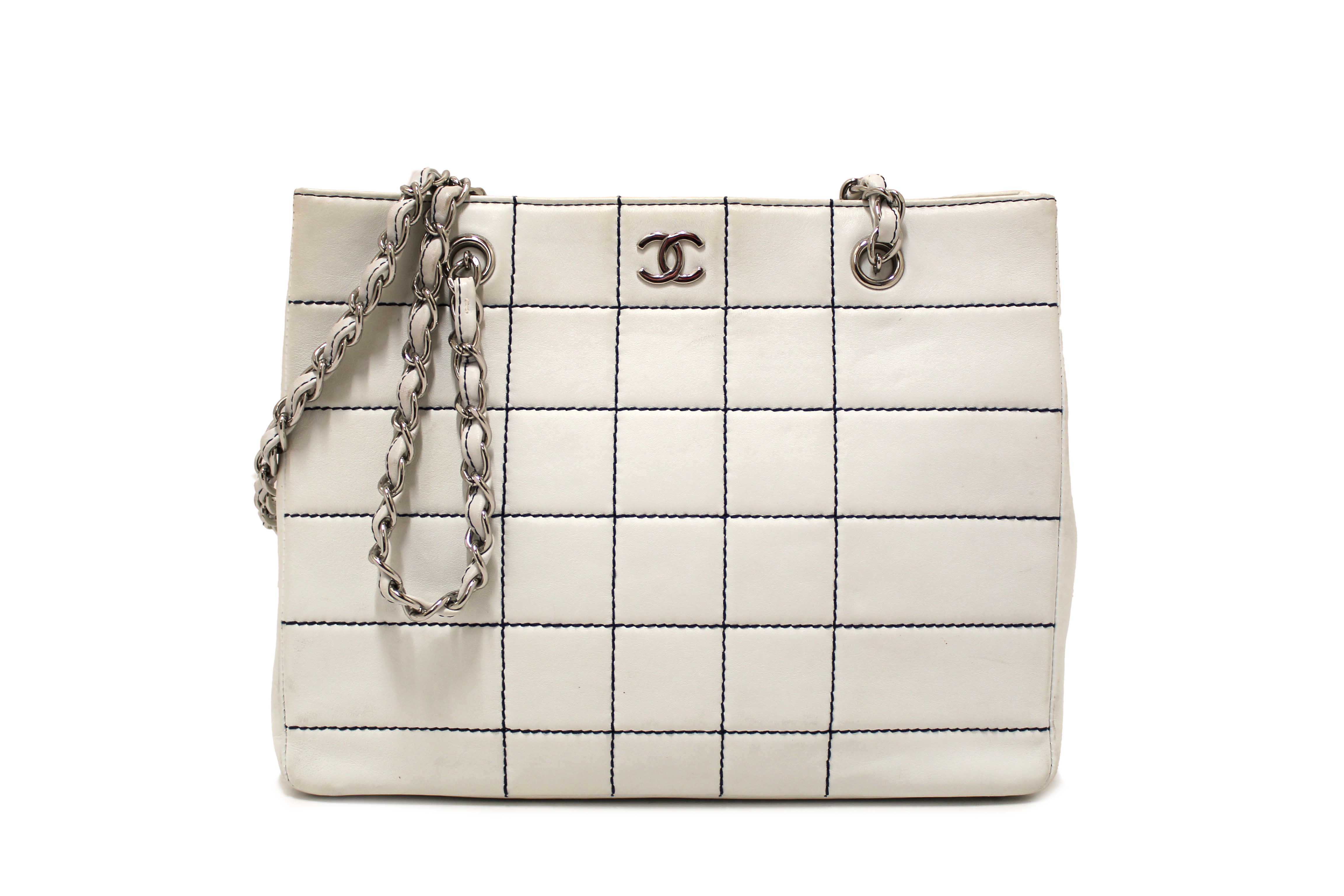 Authentic Chanel Vintage White Leather Chocolate Bar Wild Stitch Chain Tote Shoulder Bag