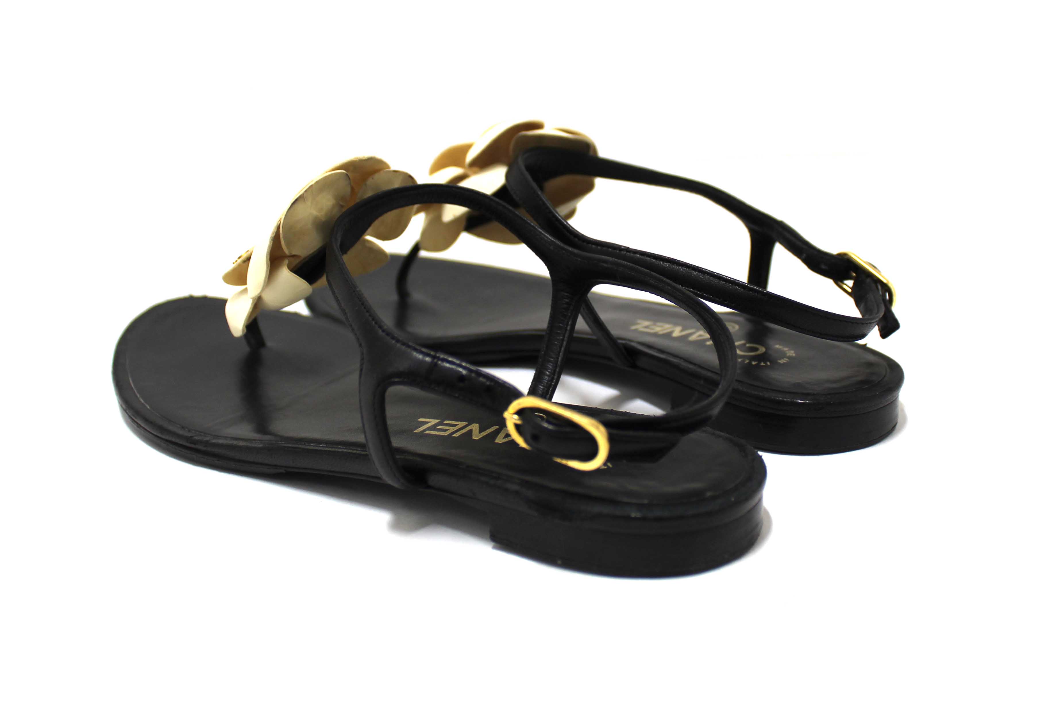 Authentic Chanel Black & White Leather Camellia Thong Sandals Size 37C