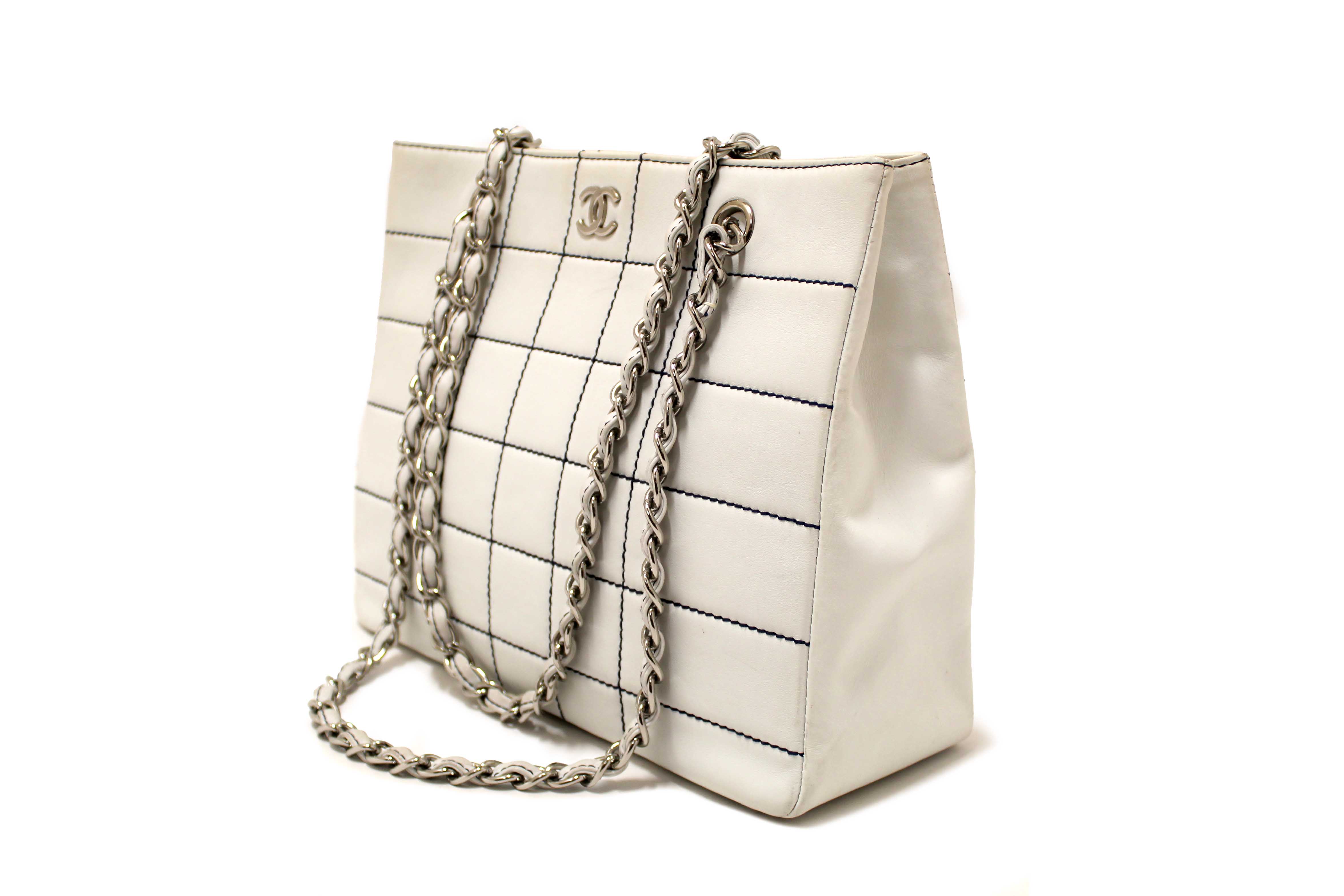 Authentic Chanel Vintage White Leather Chocolate Bar Wild Stitch Chain Tote Shoulder Bag