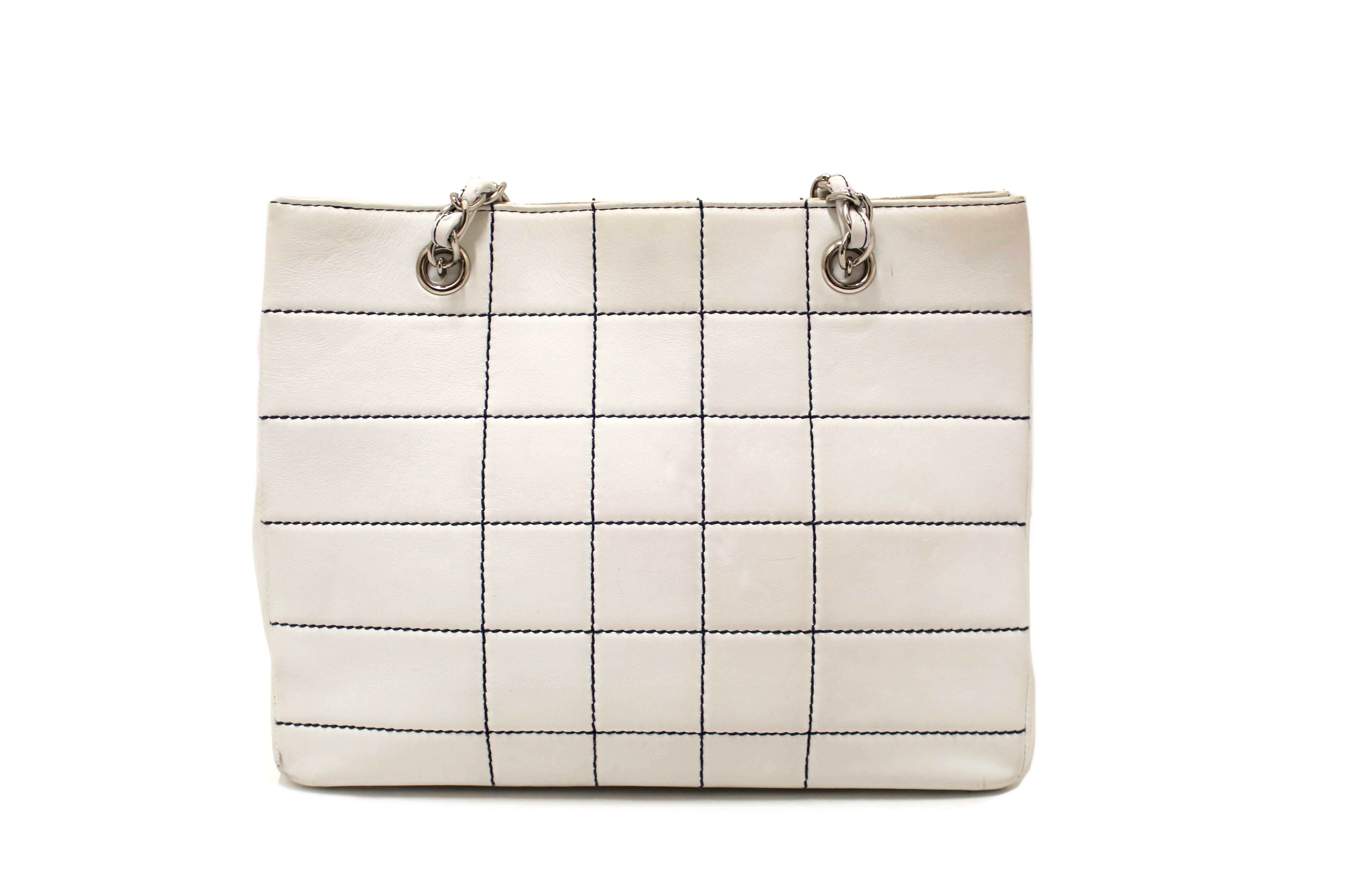 Authentic Chanel Vintage White Leather Chocolate Bar Wild Stitch Chain Tote Shoulder Bag