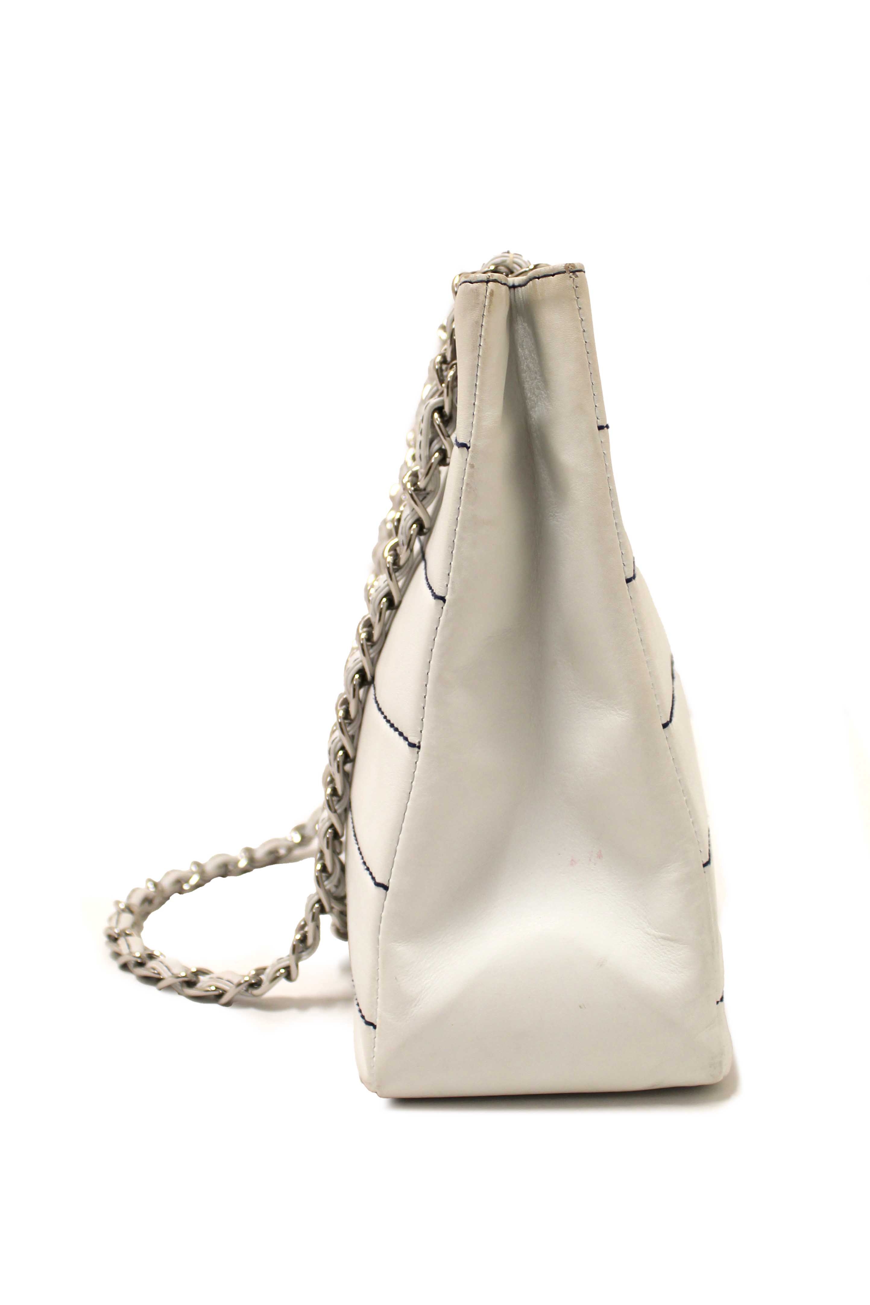 Authentic Chanel Vintage White Leather Chocolate Bar Wild Stitch Chain Tote Shoulder Bag
