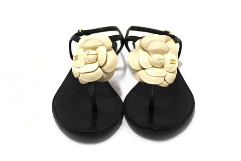 Authentic Chanel Black & White Leather Camellia Thong Sandals Size 37C